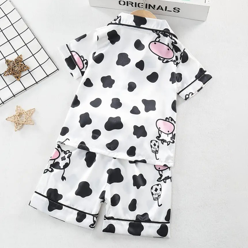 Toddler Girl's 2pcs Cartoon Cow Pattern Pajamas, Button Front Top & Elastic Waist Shorts Set, Comfy Casual PJ Set, Kid's Lounge Wear - 4-5Y: