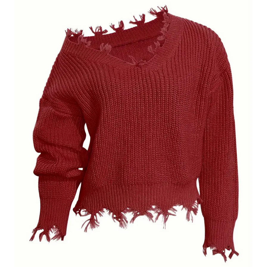 Solid Slant Shoulder Pullover Sweater, Distressed Ripped Raw Hem Long Sleeve Sweater, Women's Clothing - Red, L