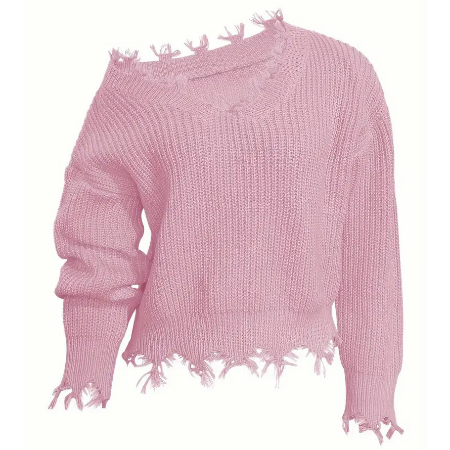Solid Slant Shoulder Pullover Sweater, Distressed Ripped Raw Hem Long Sleeve Sweater, Women's Clothing - Pink, XS