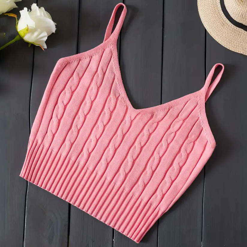 Knitted Cami Crop Top, Versatile Sleeveless Casual Top For Spring & Summer, Women's Clothing - Pink, XXS
