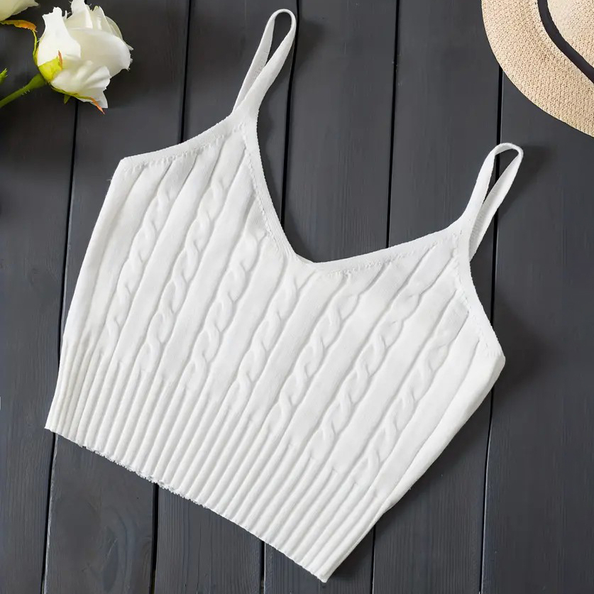 Knitted Cami Crop Top, Versatile Sleeveless Casual Top For Spring & Summer, Women's Clothing - White, S