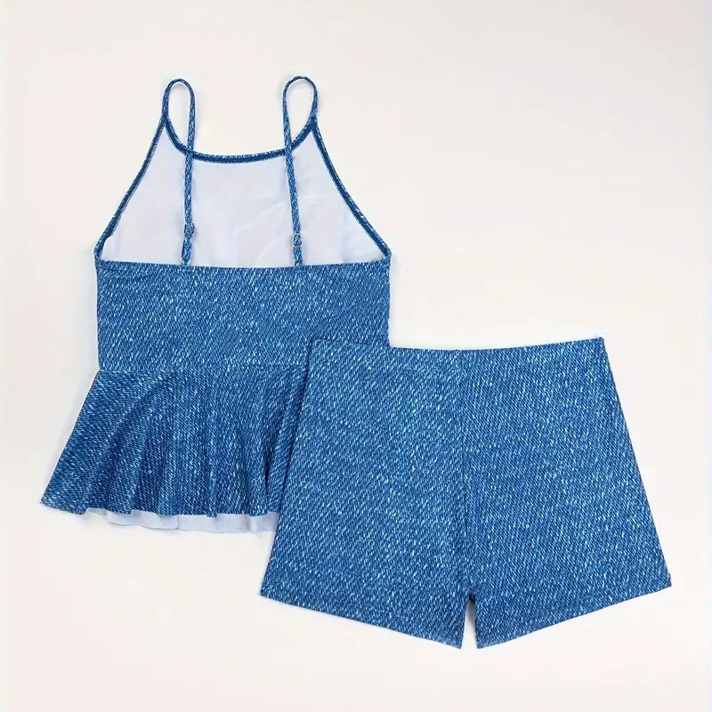 Allover Blue Print Ruffled Hem 2 Piece Set Tankini, Scoop Neck Spaghetti Strap High Stretch Swimsuits, Women's Swimwear & Clothing - S