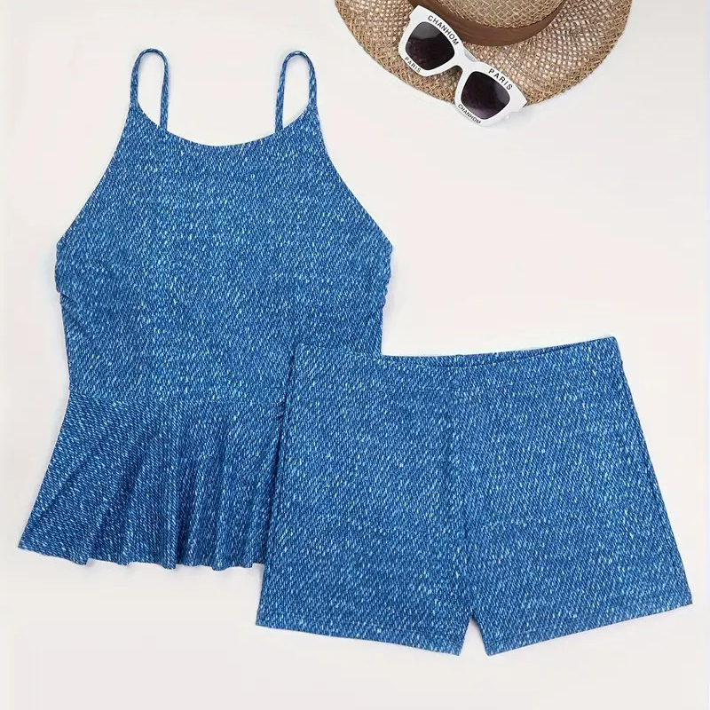Allover Blue Print Ruffled Hem 2 Piece Set Tankini, Scoop Neck Spaghetti Strap High Stretch Swimsuits, Women's Swimwear & Clothing - XL