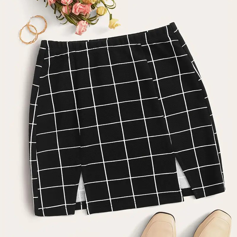 Plaid Print Split Hem Skirt, Casual A Line Mini Skirt For Summer, Women's Clothing - M