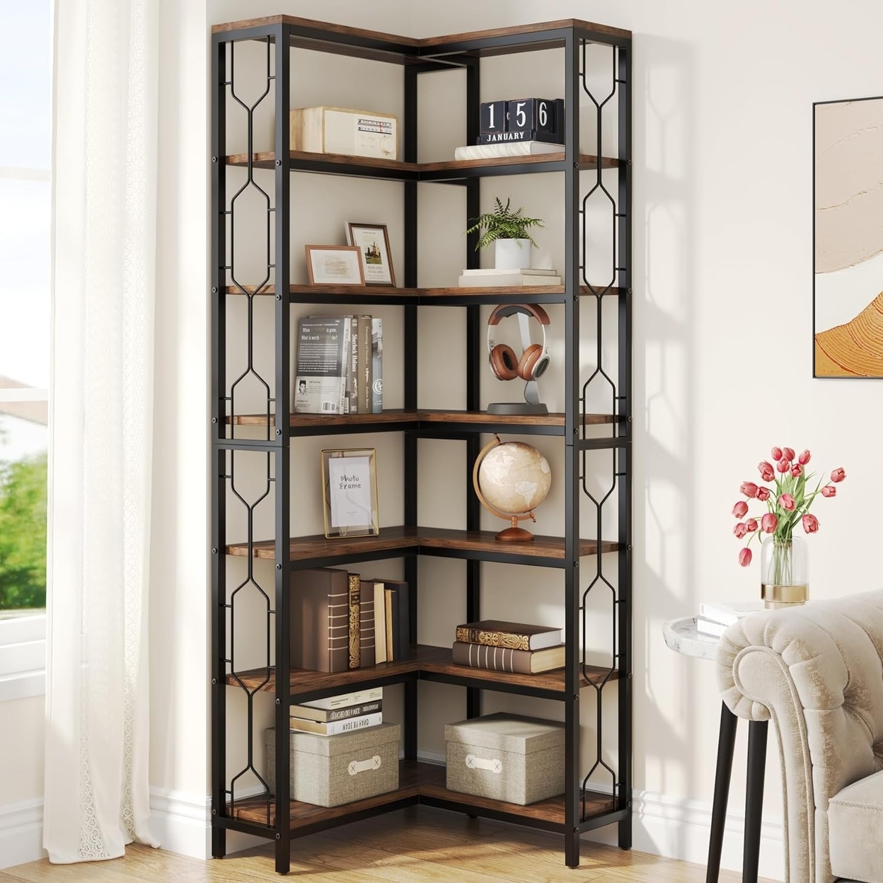 Tribesigns Corner Shelf, 7-Tier Industrial Corner Bookshelf, Wood And Metal Corner Etagere Bookcase, Freestanding Display Shelf