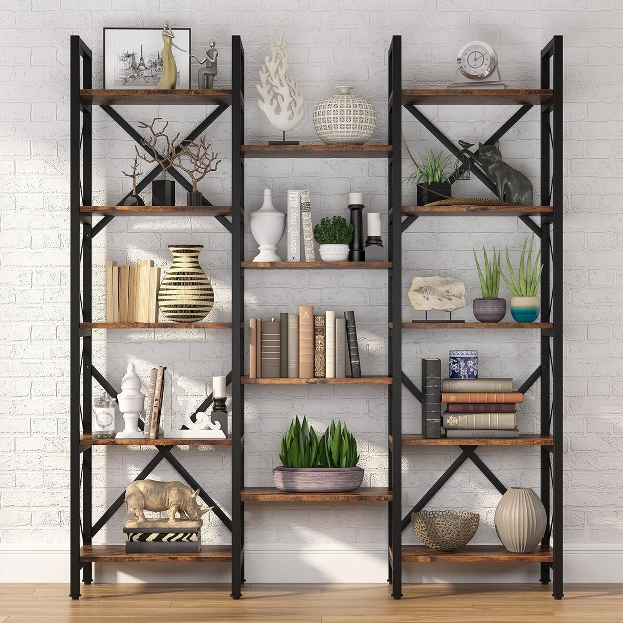 Tribesigns Triple Wide 5-Shelf Bookcase, Etagere Large Open Bookshelf Vintage Industrial Style Shelves Wood And Metal Bookcases Furniture