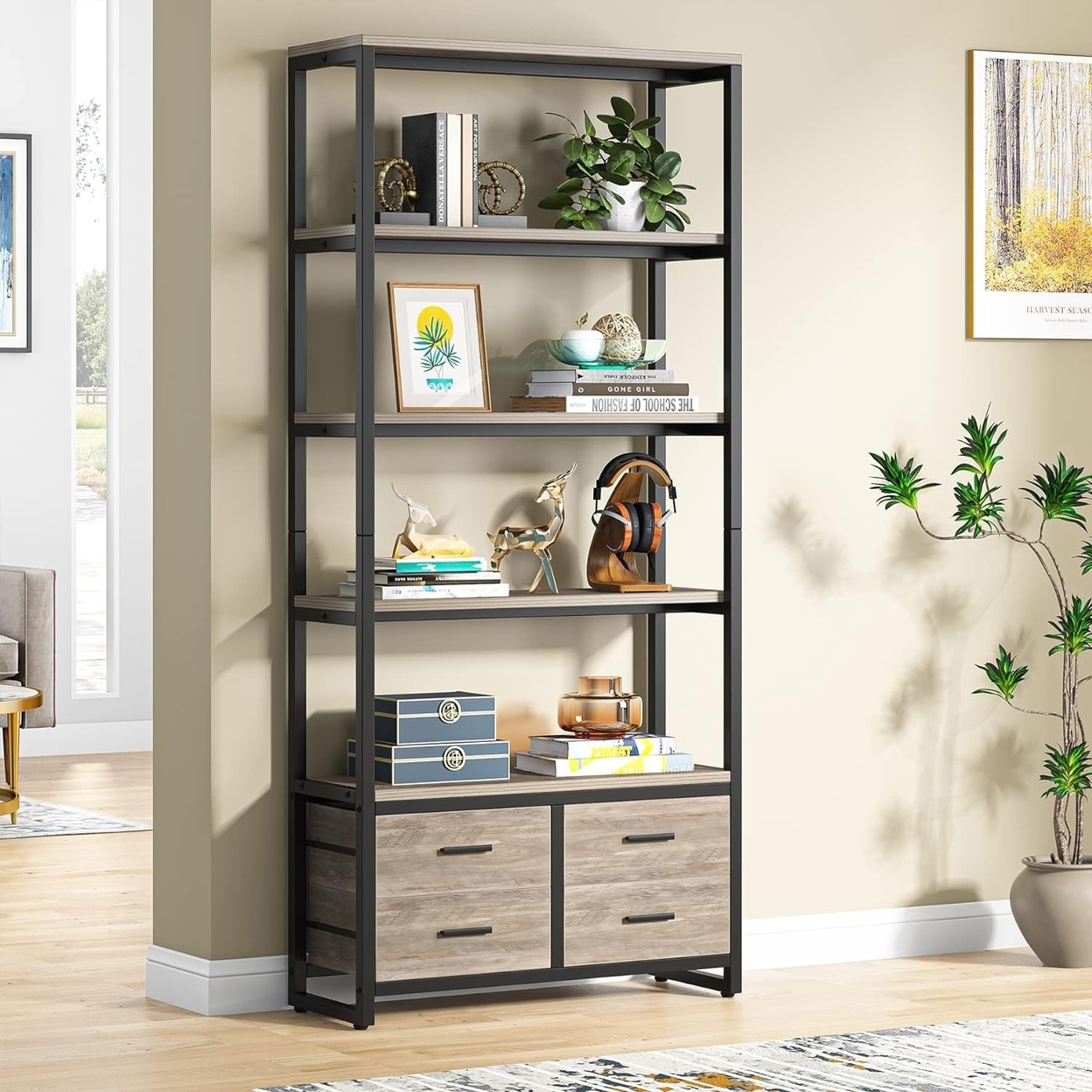 Tribesigns 70.9 Tall Bookshelf, Etagere Bookcase With 4 Drawers, Modern 5-Tier Open Display Storage Shelf - Grey, 1pc
