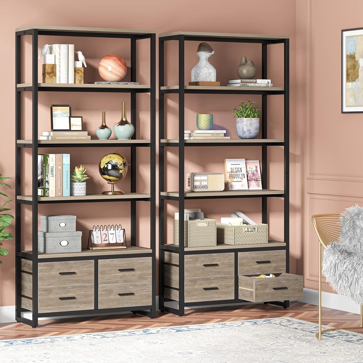 Tribesigns 70.9 Tall Bookshelf, Etagere Bookcase With 4 Drawers, Modern 5-Tier Open Display Storage Shelf - Grey, 2pcs