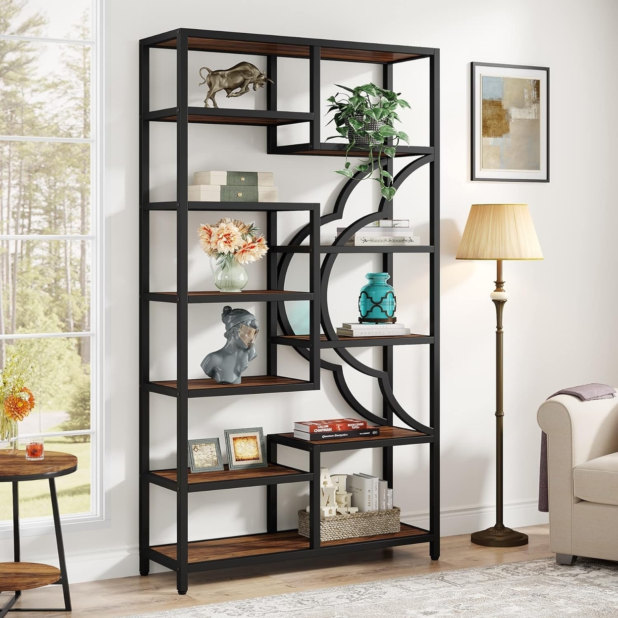 Tribesigns Bookshelf, 11-Shelves Tall Bookcase With Unique Arc-Shaped Design, Industrial Etagere Display Storage Shelves - 1pc