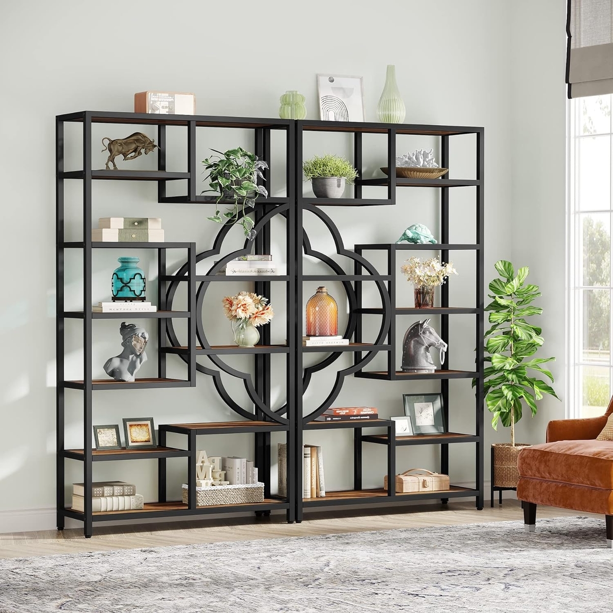 Tribesigns Bookshelf, 11-Shelves Tall Bookcase With Unique Arc-Shaped Design, Industrial Etagere Display Storage Shelves - 2pcs
