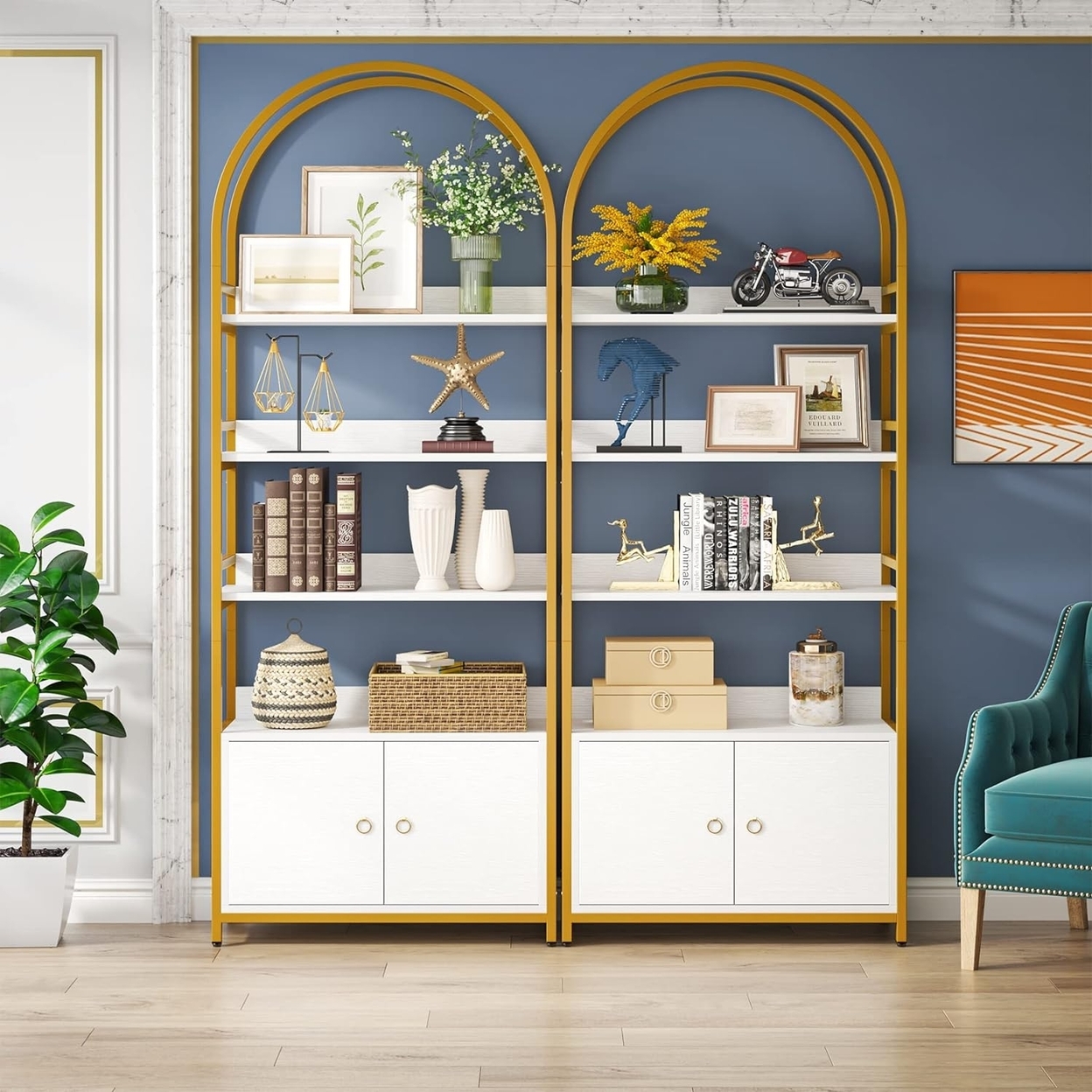 Tribesigns 75.98 Tall Bookshelf With Door, 4-Tier Tall Etagere Bookcase With Storage Cabinet Shelf - White & Gold, 2pcs