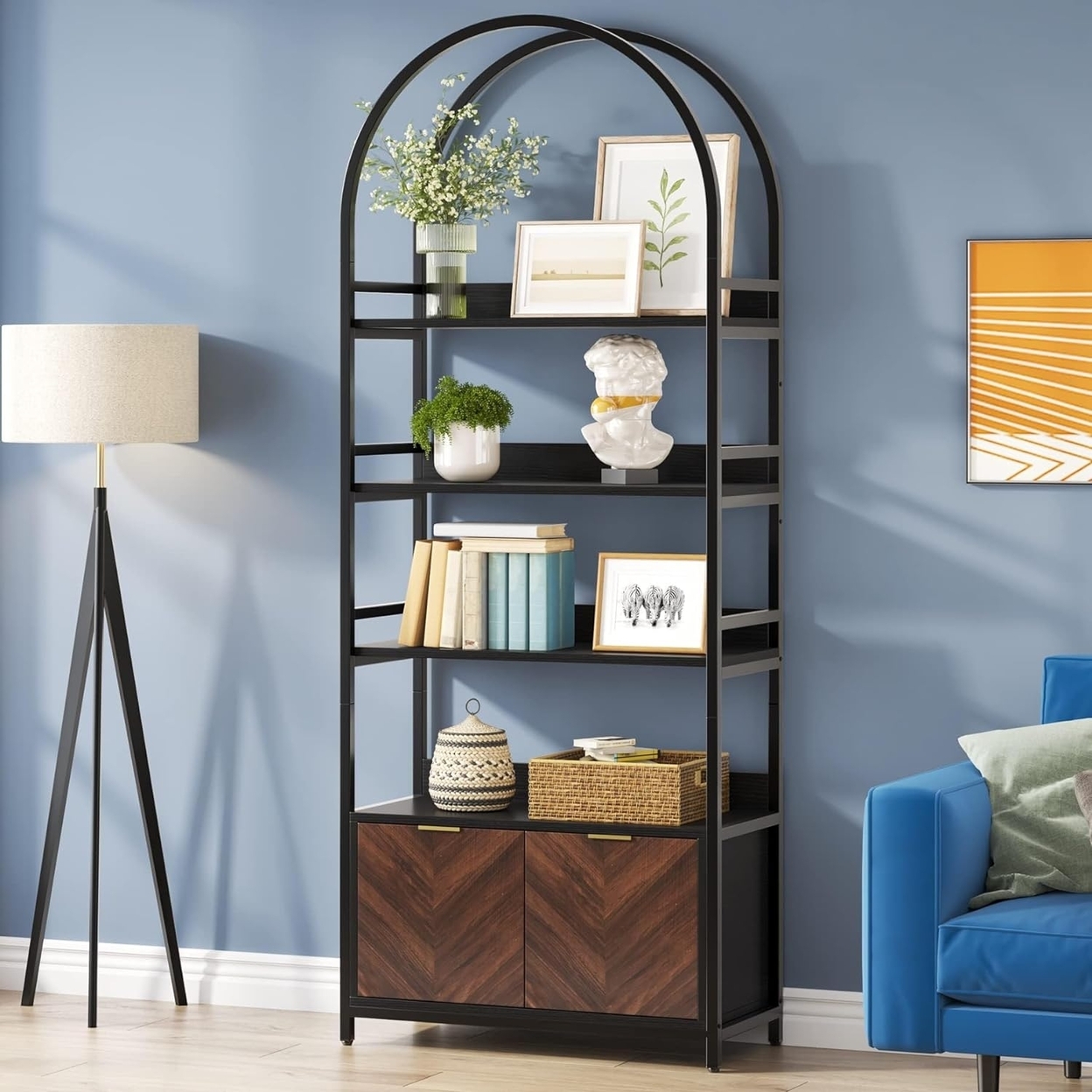 Tribesigns 75.98 Tall Bookshelf With Door, 4-Tier Tall Etagere Bookcase With Storage Cabinet Shelf - Black & Brown, 1pc