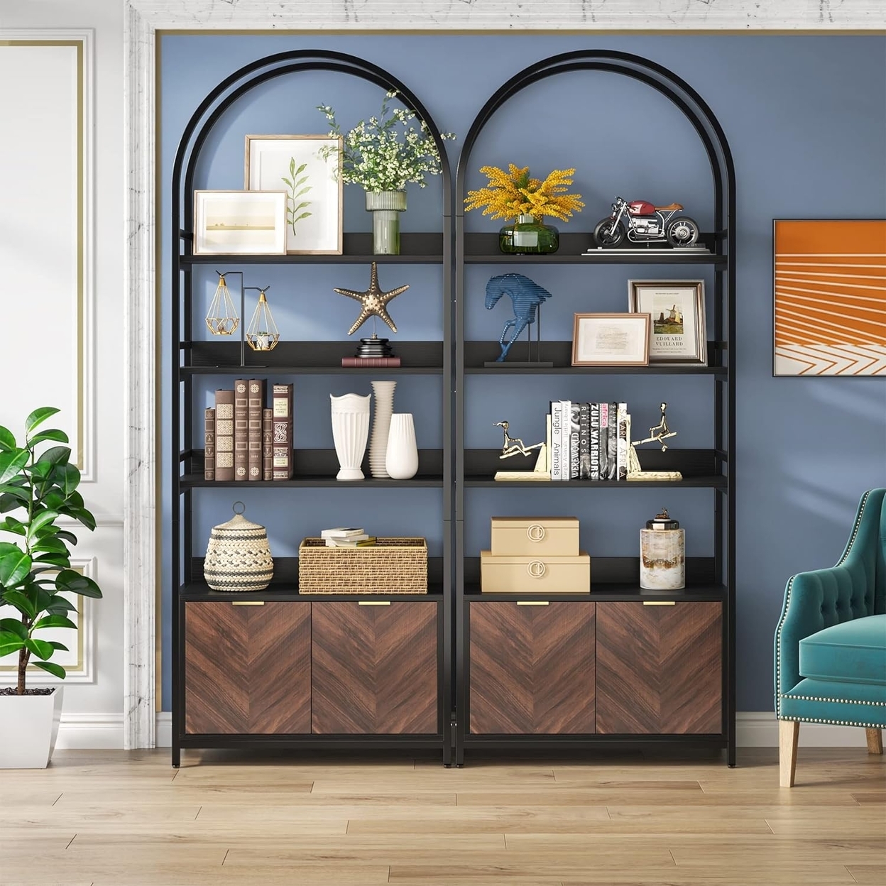 Tribesigns 75.98 Tall Bookshelf With Door, 4-Tier Tall Etagere Bookcase With Storage Cabinet Shelf - Black & Brown, 2pcs