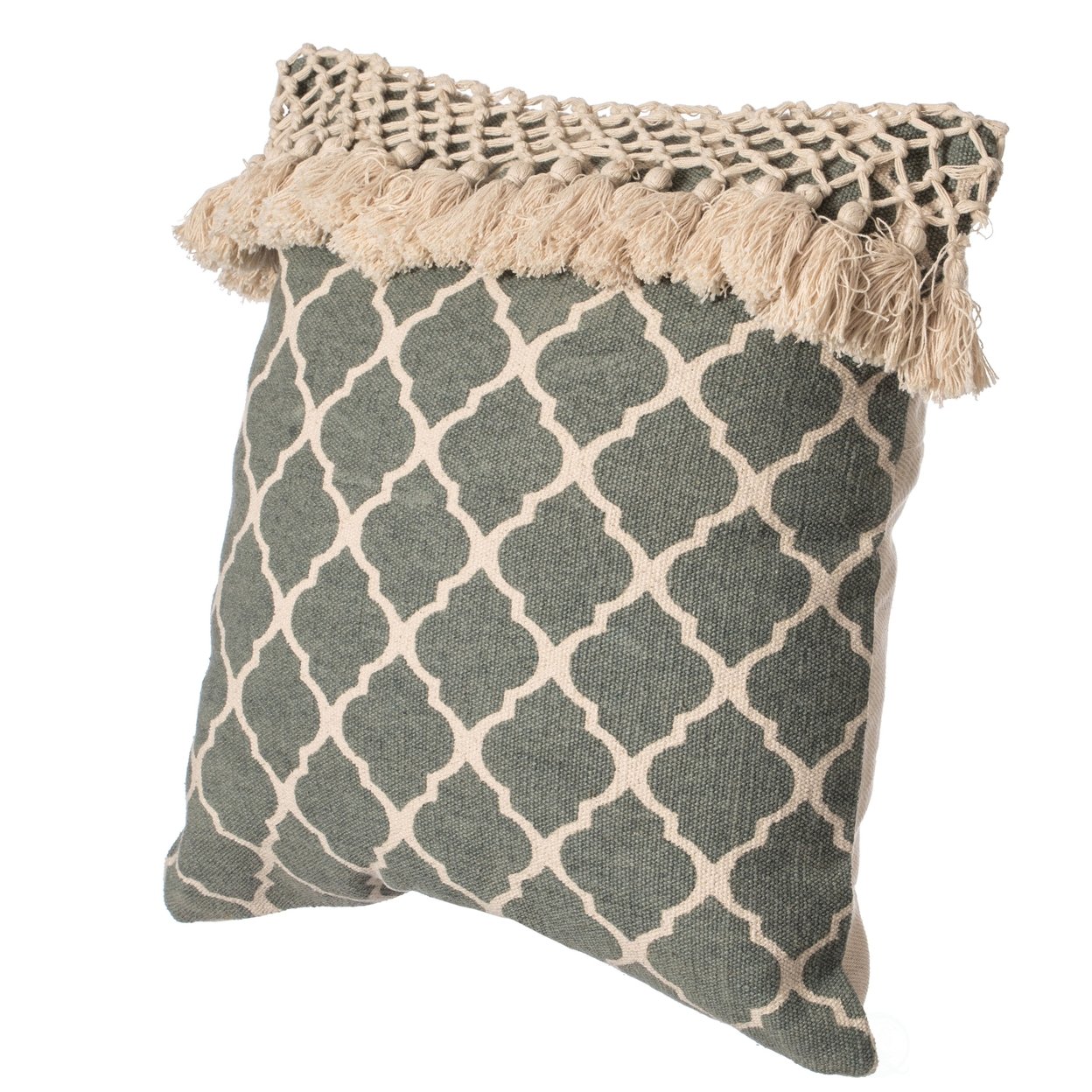 16 Handwoven Cotton Throw Pillow Cover With Ogee Pattern And Tasseled Top - Green With Cushion