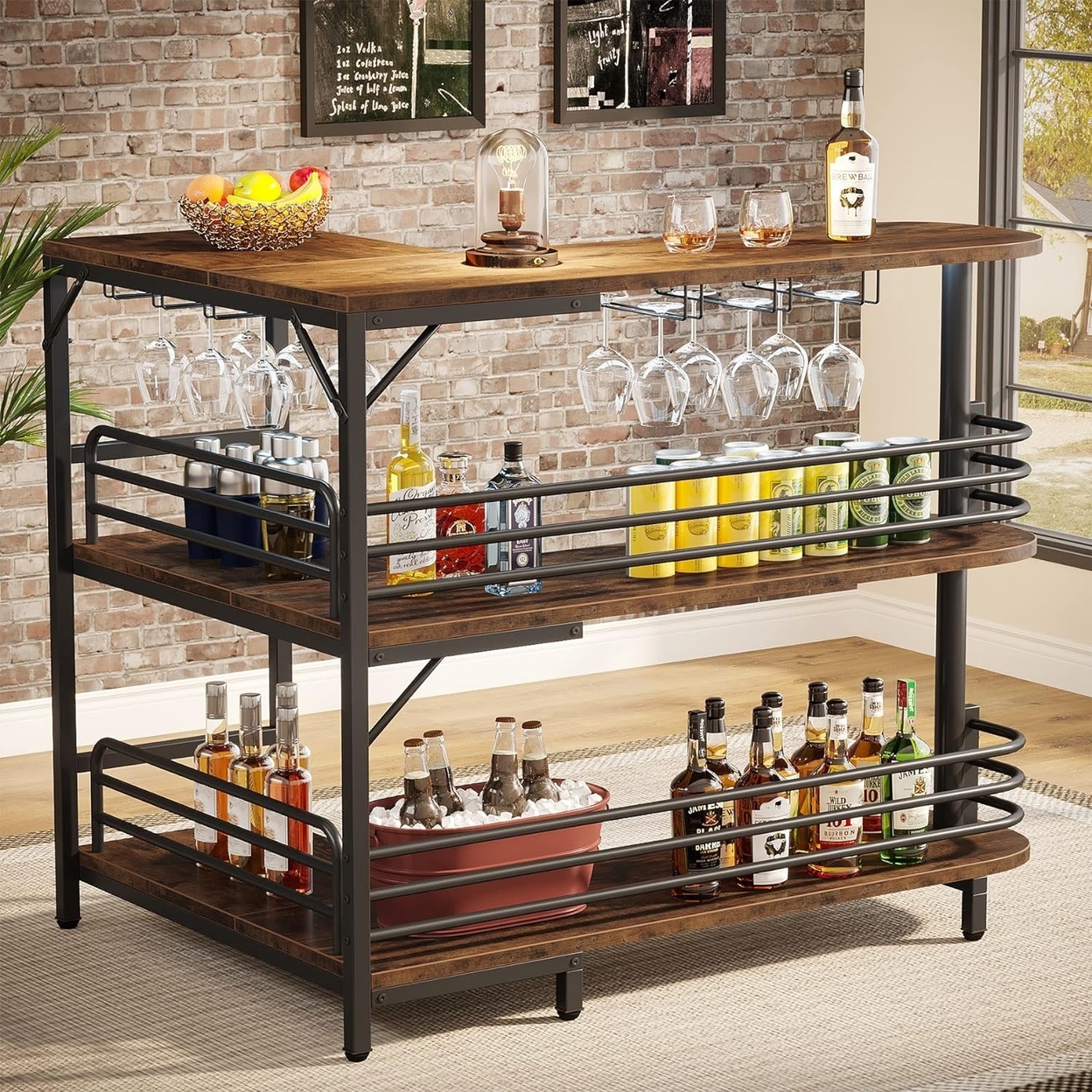 Tribesigns L-Shaped Industrial Corner Wine Bar Cabinet Mini Bars, 3 Tier Liquor Bar Table With Storage Shelves & Wine Glasses Holder - Brown