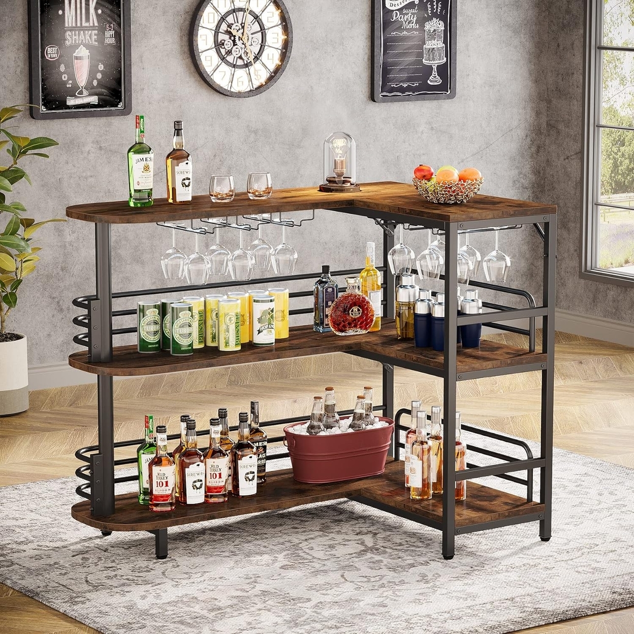Tribesigns L-Shaped Industrial Corner Wine Bar Cabinet Mini Bars, 3 Tier Liquor Bar Table With Storage Shelves & Wine Glasses Holder - Brown