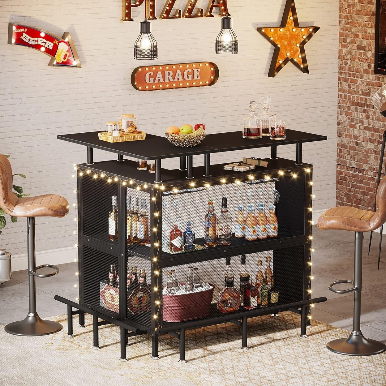 Tribesigns L-Shaped Liquor Bar Table With Stemware Racks And 2-Tier Shelves, Corner Mini Bar Cabinet Coffee Bar Table With Footrest - Black