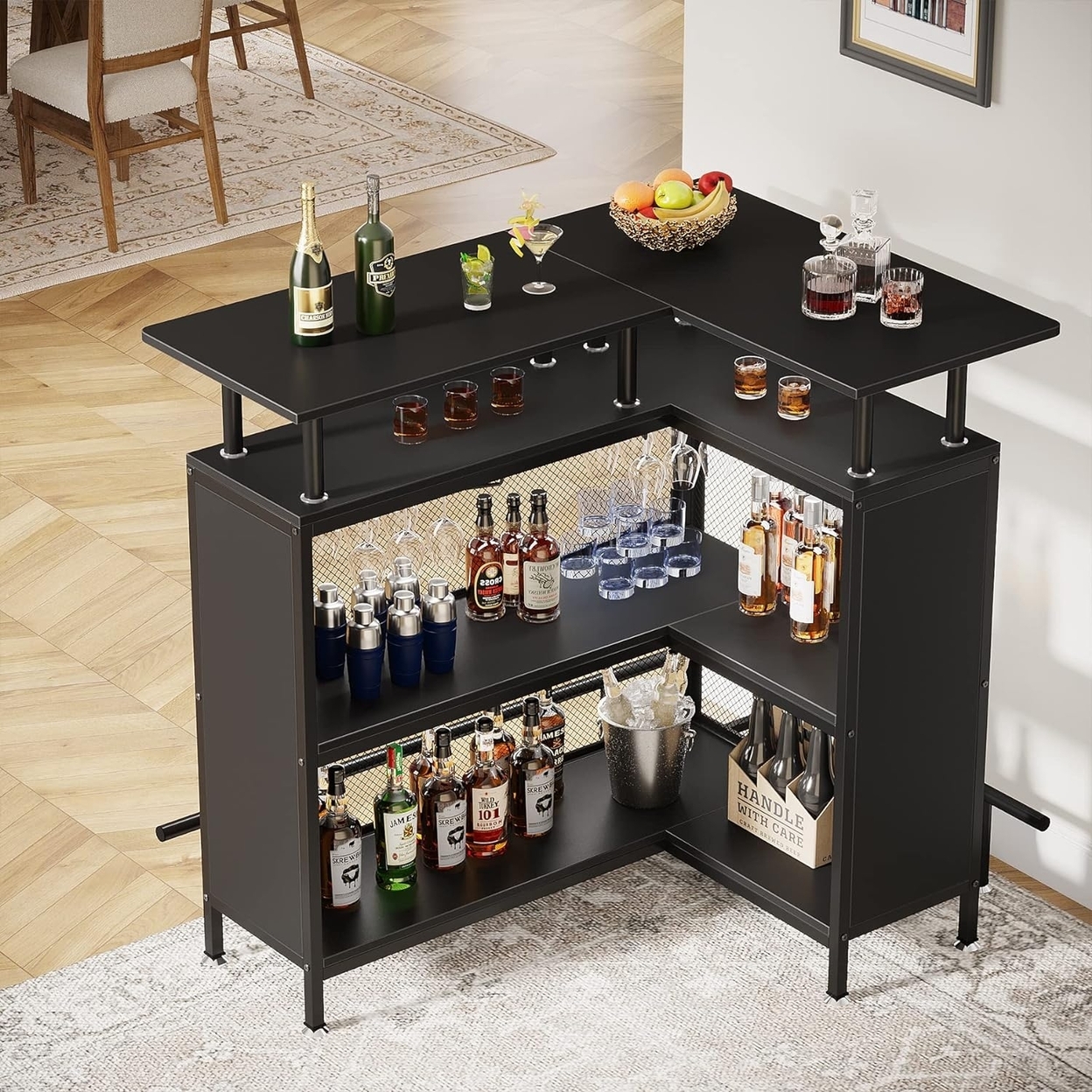 Tribesigns L-Shaped Liquor Bar Table With Stemware Racks And 2-Tier Shelves, Corner Mini Bar Cabinet Coffee Bar Table With Footrest - Grey