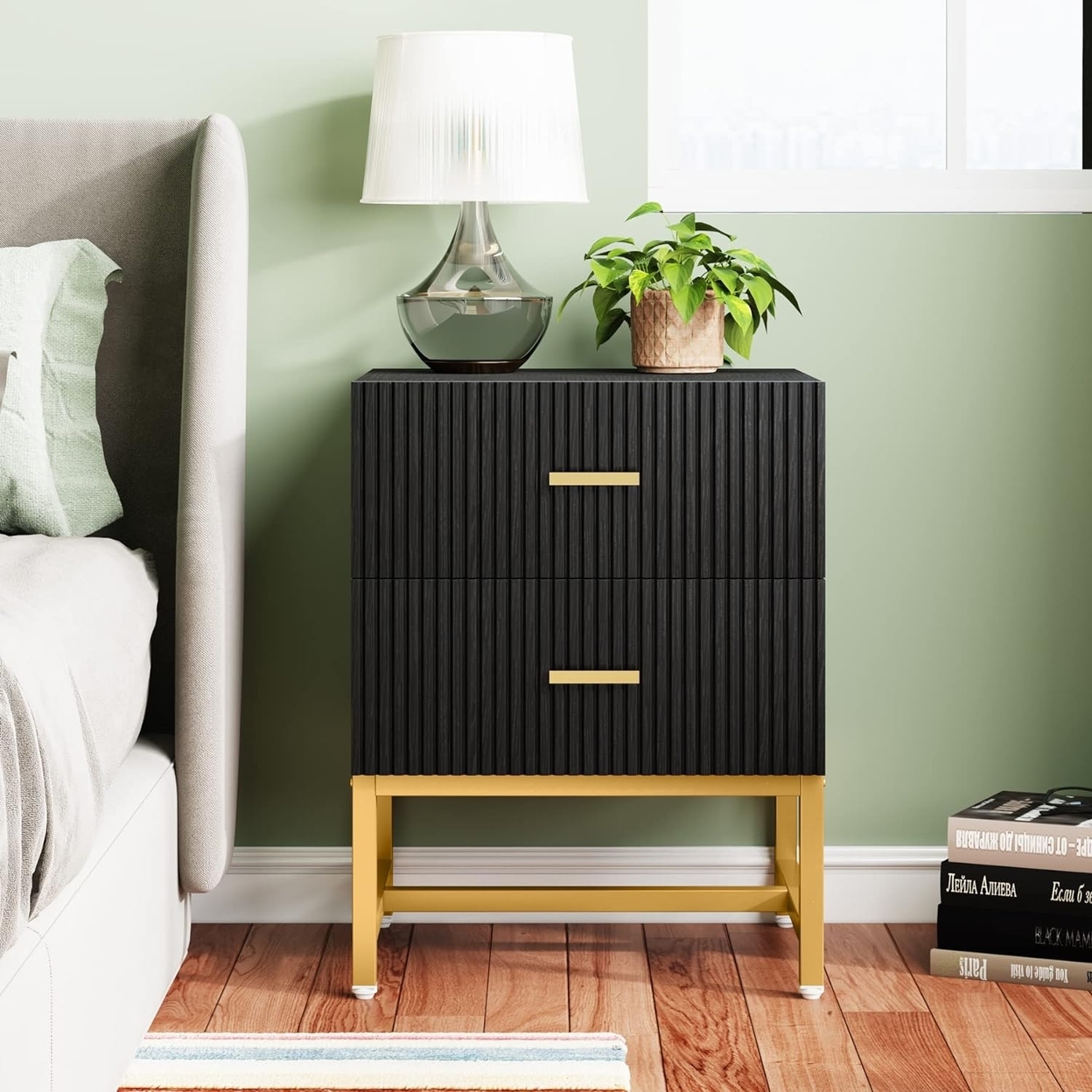Tribesigns 2-Drawer Nightstand,Wood Night Stands Bed Side Table With Storage Large, Modern End Table Accent Table - Black & Gold, 1pc