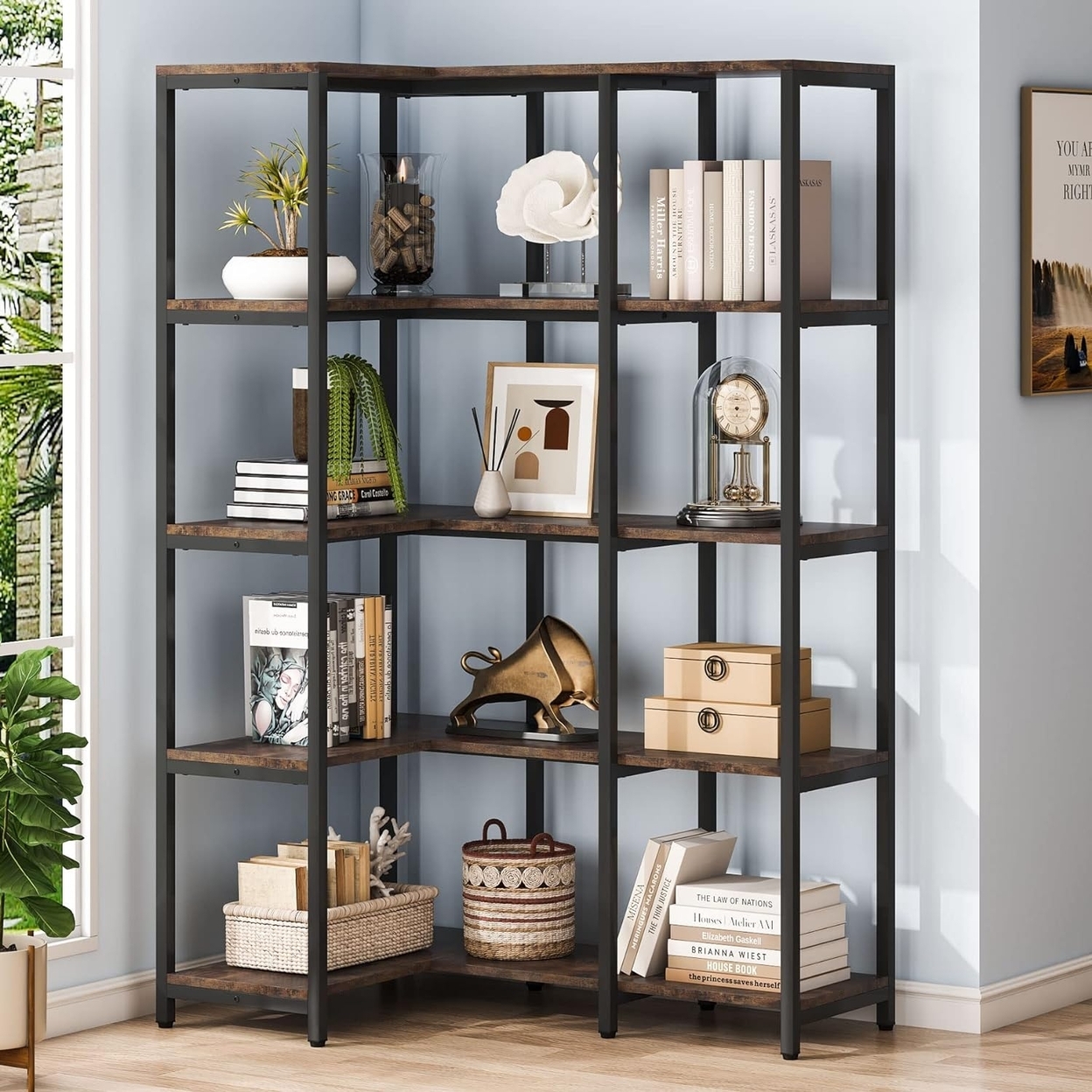 Tribesigns 5-Shelf Corner Bookshelf, 67 Tall Industrial Corner Shelf Stand Etagere Bookcase, Large Book Shelf With Metal Frame