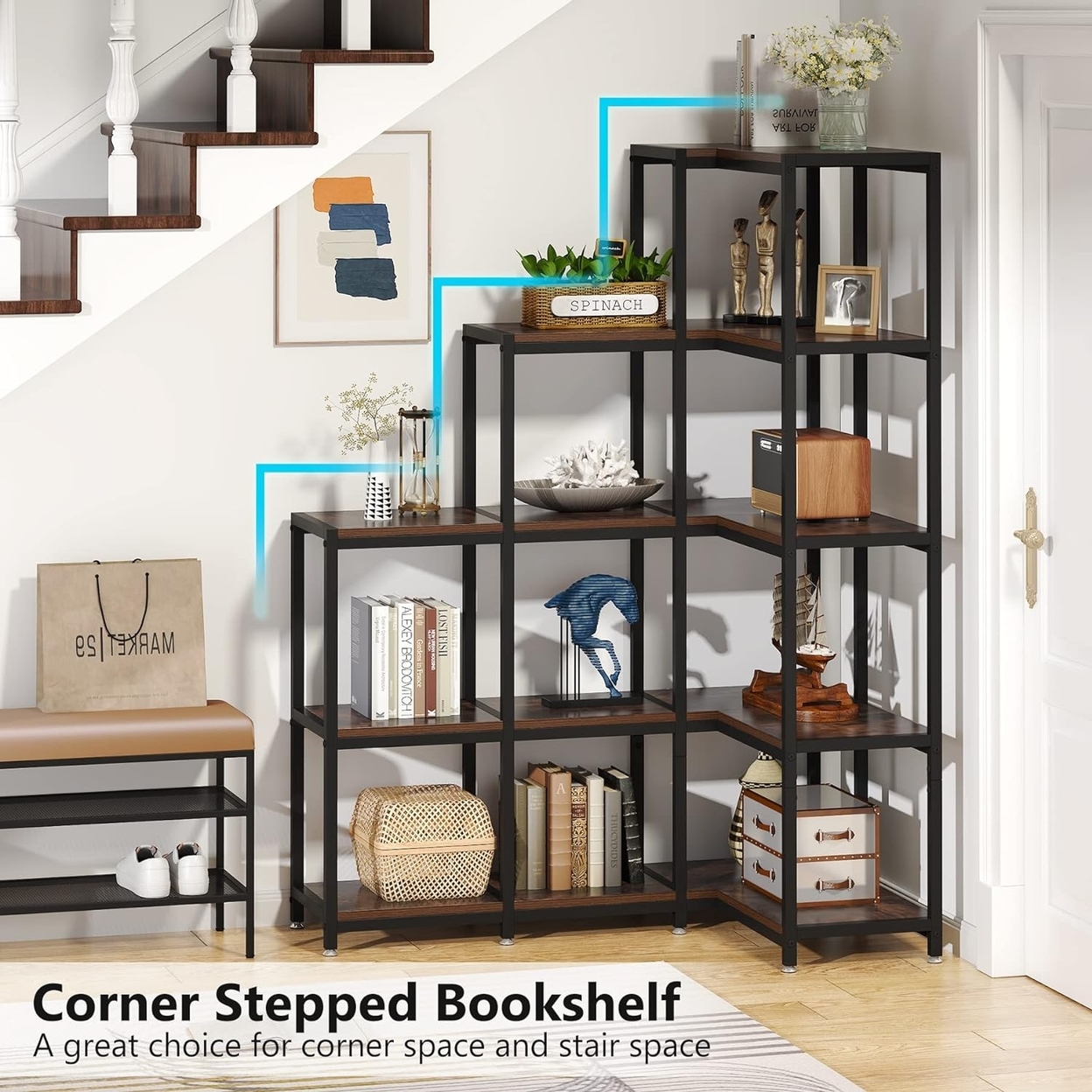 Tribesigns 63 5-Tier Corner Bookshelf, L-Shaped Stepped Etagere Bookcase Display Rack Storage Shelf