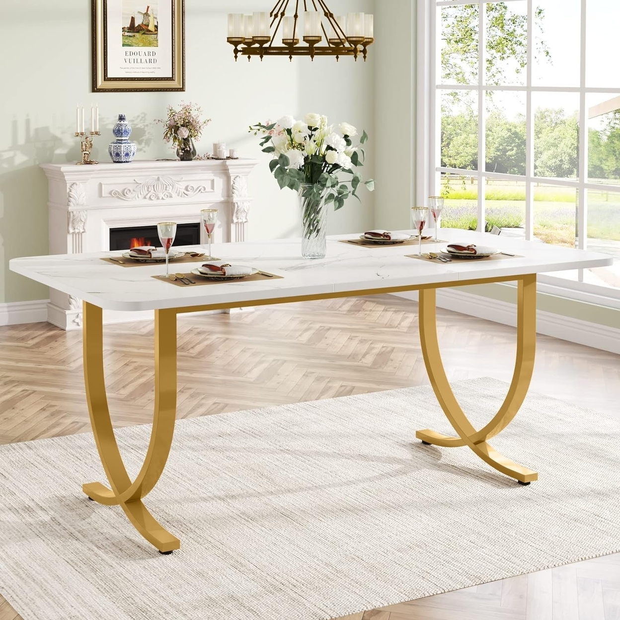 Tribesigns Rectangular Dining Table For 4, 63 Modern Kitchen Table With Faux Marble Table Top And Metal Legs