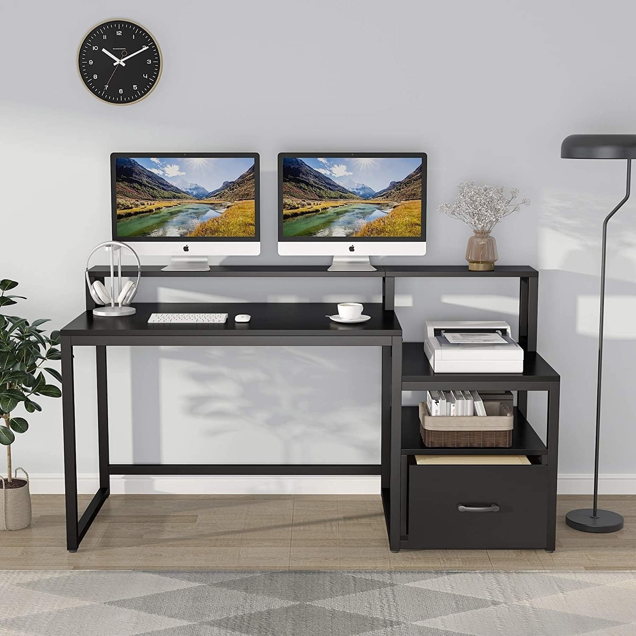 Tribesigns 60 Inch Computer Desk With Storage Shelves And File Drawer, Large Home Office Desk With Monitor Stand Riser Shelf