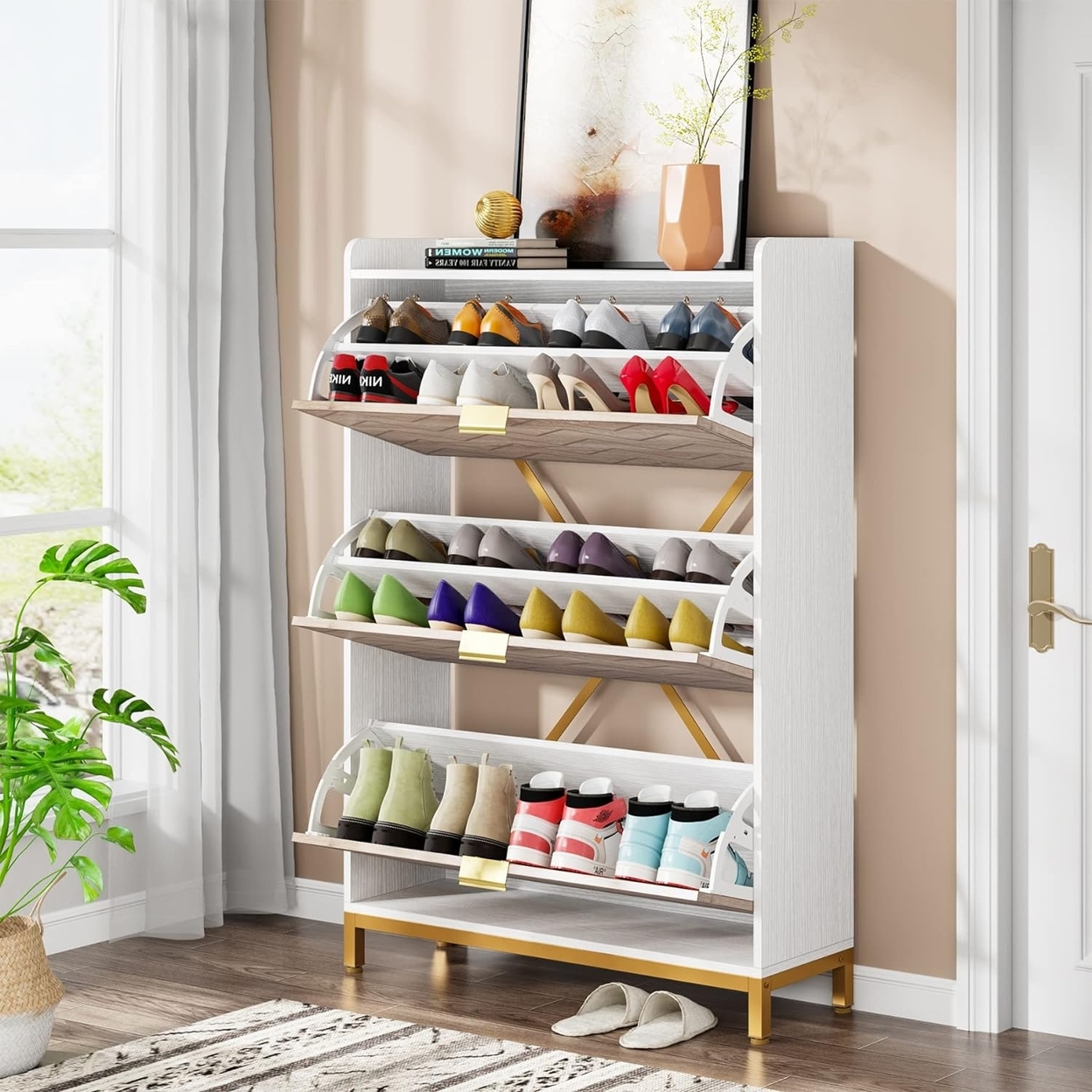 Tribesigns Modern Shoe Storage Cabinet With 3 Flip Doors & Adjustable Shelf, Wooden 18-24 Pair Shoe Rack Organizer With Flip Drawers - Black