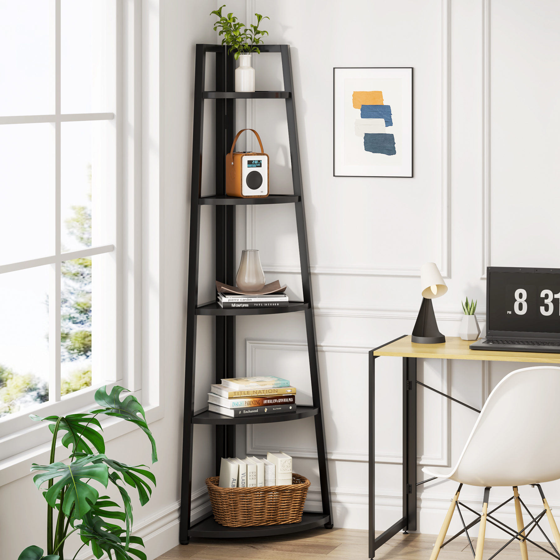 Tribesigns 70 Tall Corner Shelf, 5 Tier Rustic Corner Bookshelf Industrial Corner Ladder Shelf Small Bookcase Plant Stand - White & Gold