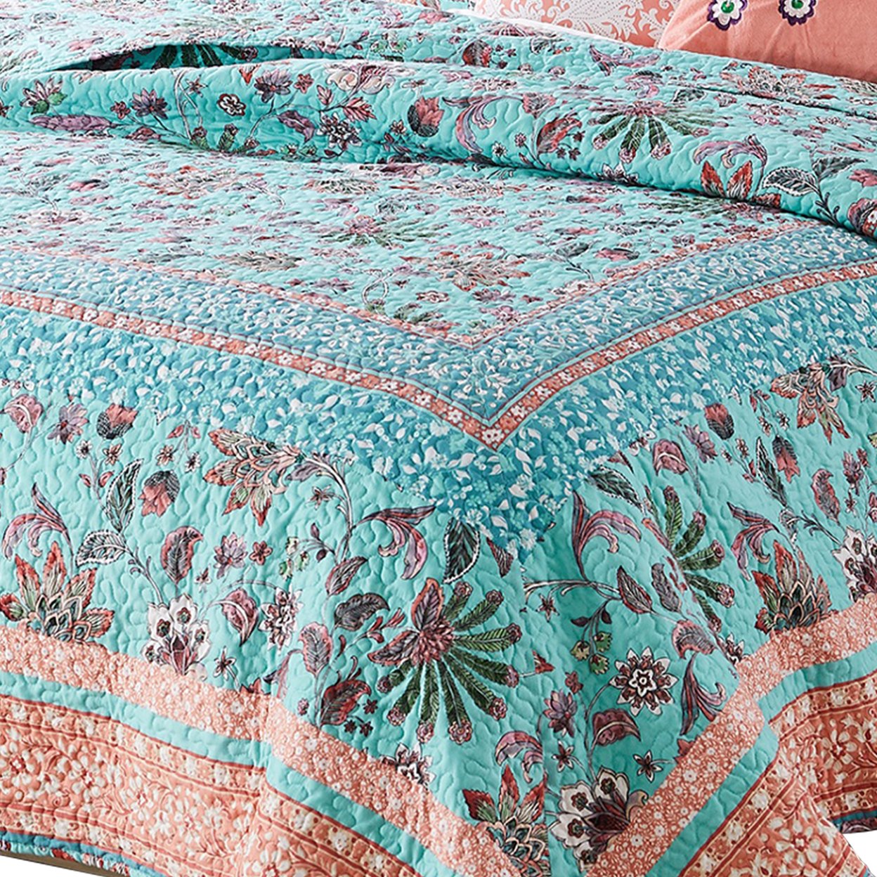3 Piece King Quilt Set With Floral Print, Blue And White- Saltoro Sherpi