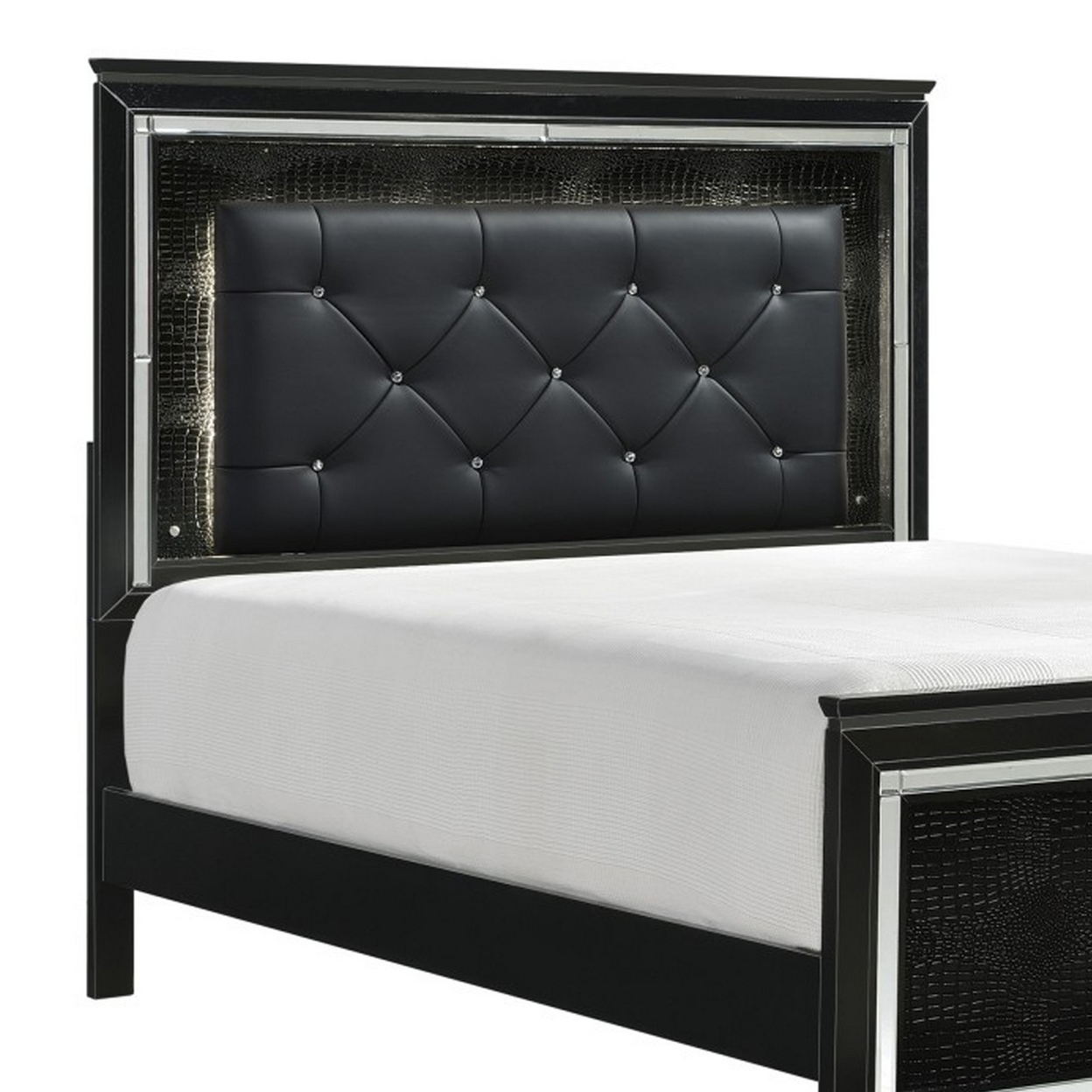 Noah Contemporary Queen Bed, LED Backlit Crystal Tufted Headboard, Black- Saltoro Sherpi
