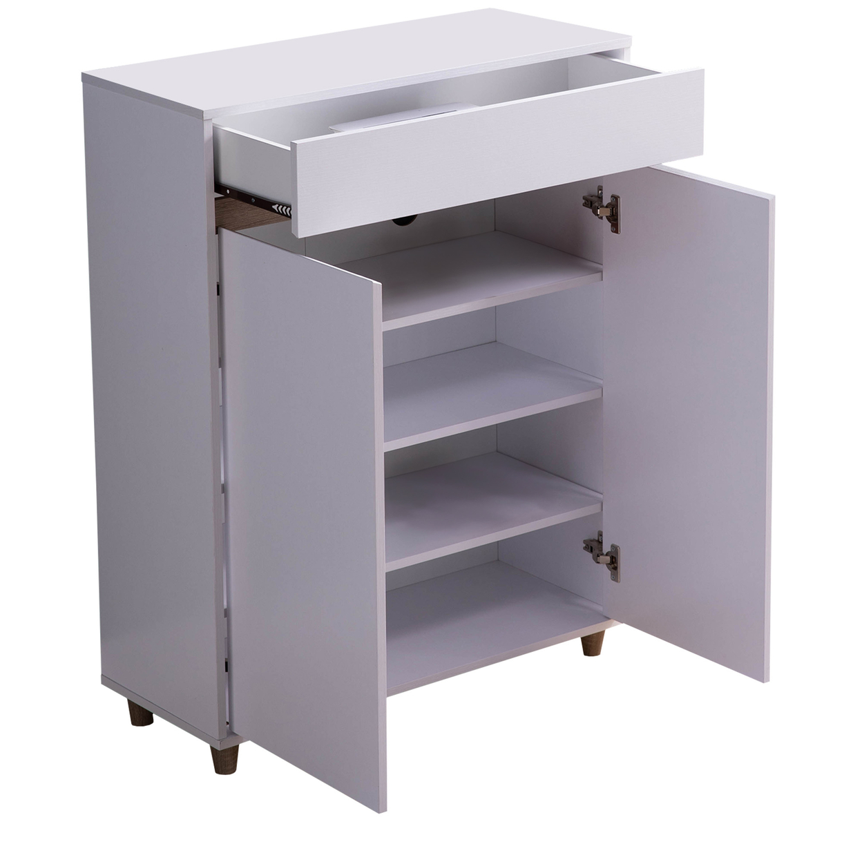 41 Inch Double Door Shoe Cabinet With 4 Shelves, Integrated Handle, White- Saltoro Sherpi