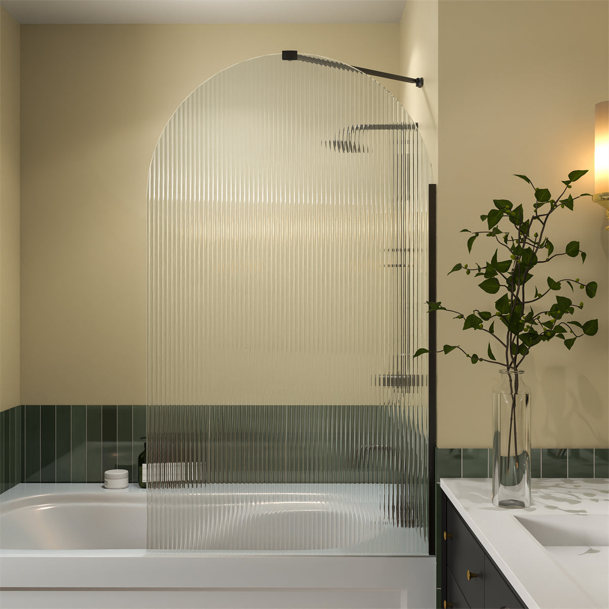 Serenity 33 X 58 Bathtub Screen Reeded Glass Shower Panel For Bathtub,Matte Black Finish,Reversible Installation,Semicircle