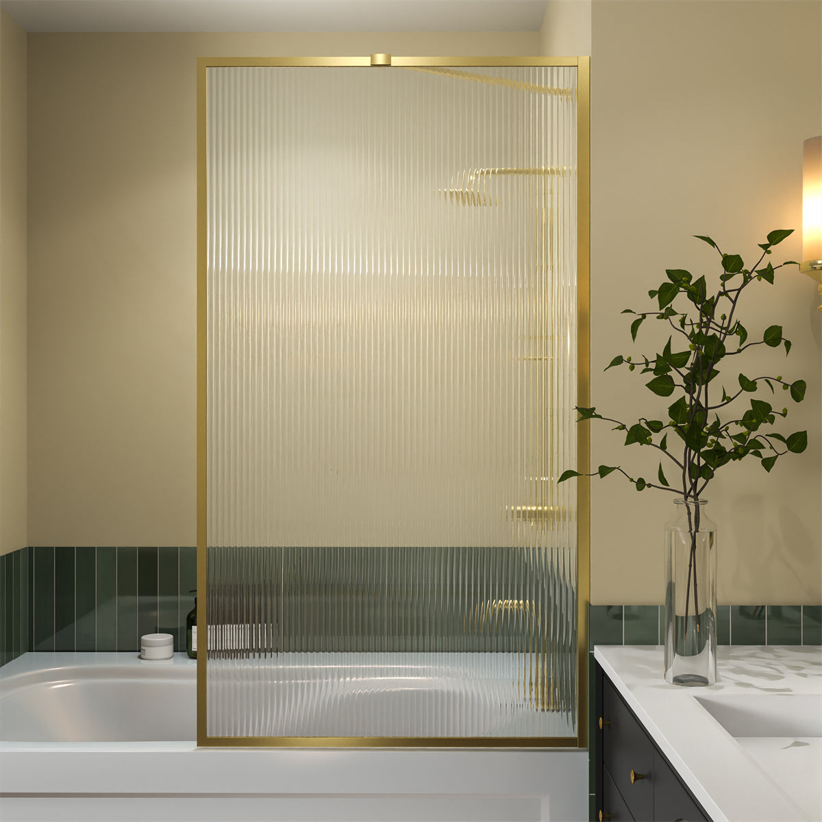 Serenity 33 X 58 Bathtub Screen Reeded Glass Shower Panel For Bathtub,Brushed Gold Finish,Reversible Installation,Square