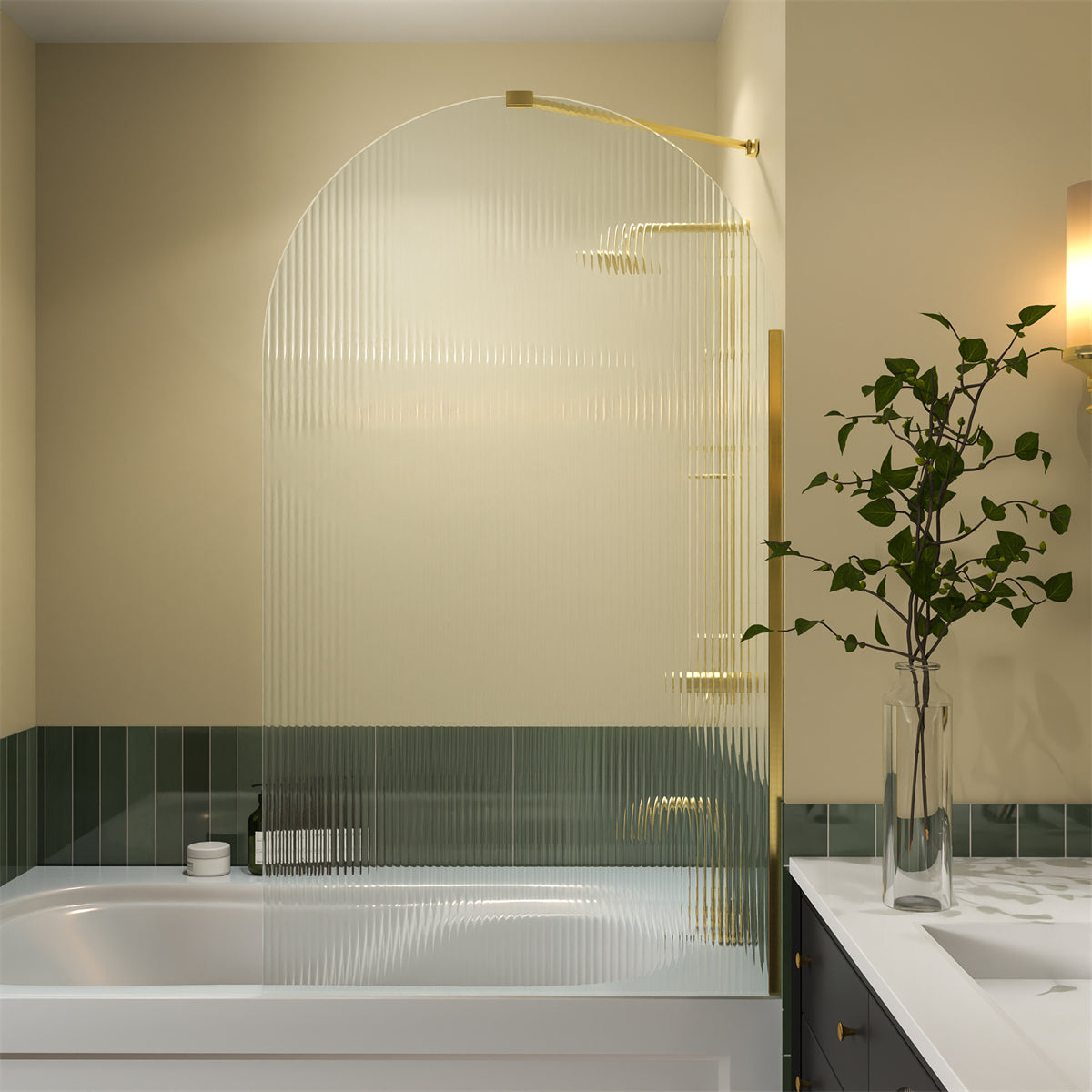 Serenity 33 X 58 Bathtub Screen Reeded Glass Shower Panel For Bathtub,Brushed Gold Finish,Reversible Installation,Semicircle