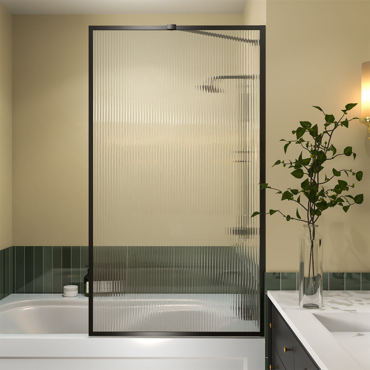 Serenity 33 X 58 Bathtub Screen Reeded Glass Shower Panel For Bathtub,Matte Black Finish,Reversible Installation,Square