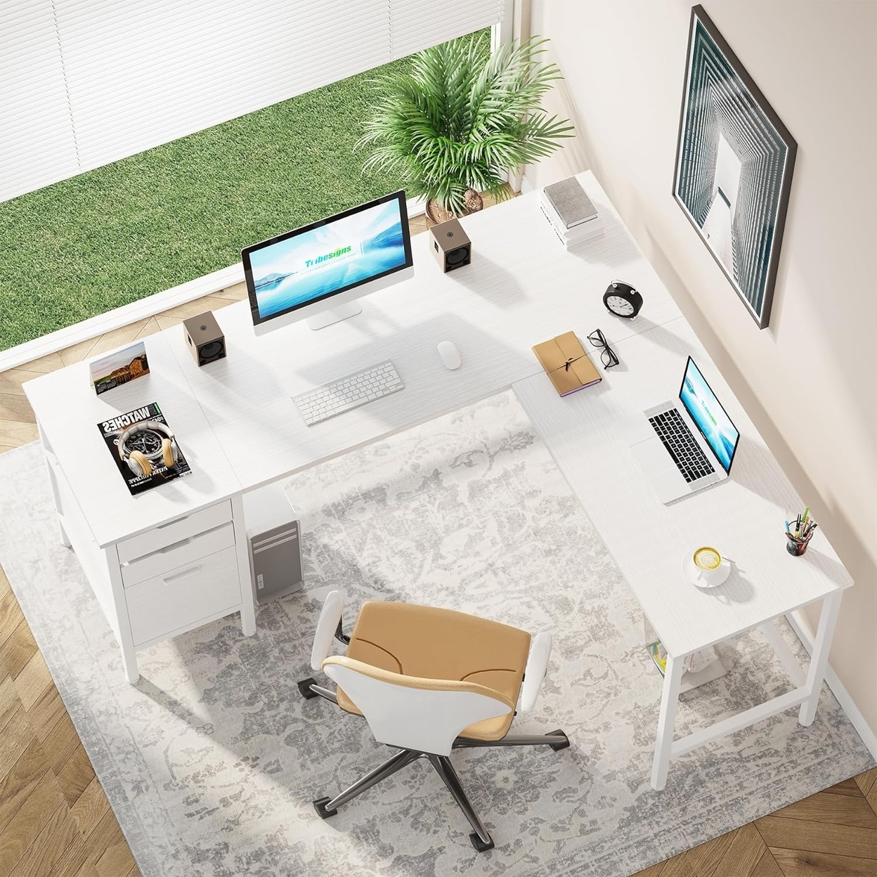 Tribesigns L Shaped Desk With File Drawer Cabinet, 59 Corner Desk L Shaped Computer Desk With Drawers - White