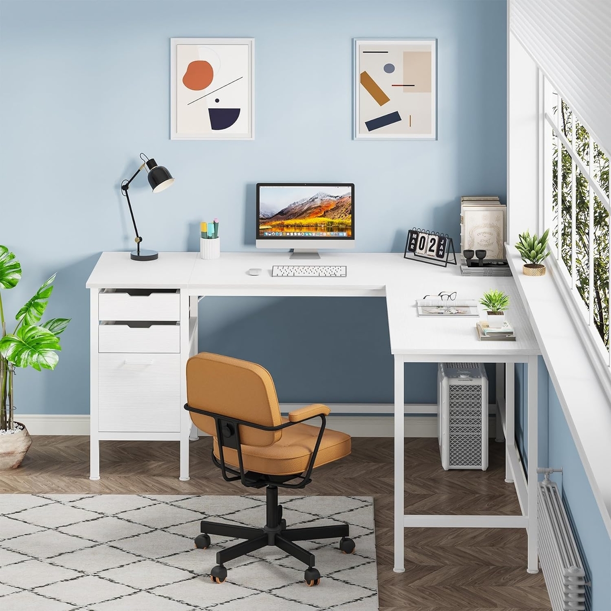 Tribesigns L Shaped Desk With File Drawer Cabinet, 59 Corner Desk L Shaped Computer Desk With Drawers - White