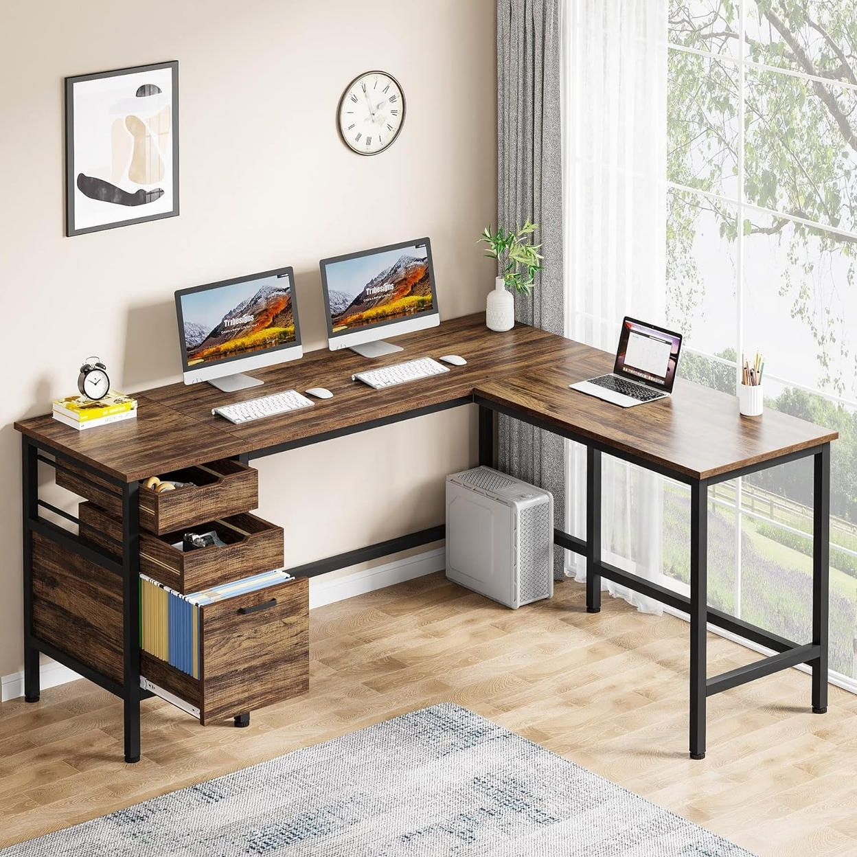 Tribesigns L Shaped Desk With File Drawer Cabinet, 59 Corner Desk L Shaped Computer Desk With Drawers - Rustic Brown