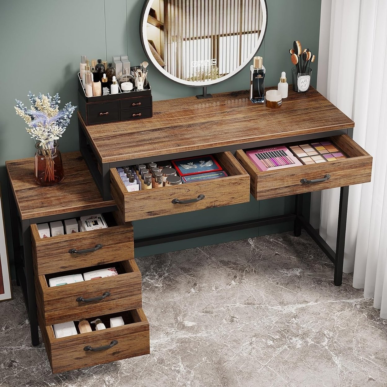 Tribesigns Vanity Desk With 5 Drawers, Makeup Vanity Table Dressing Table With Side 3-Drawer Chest - Walnut