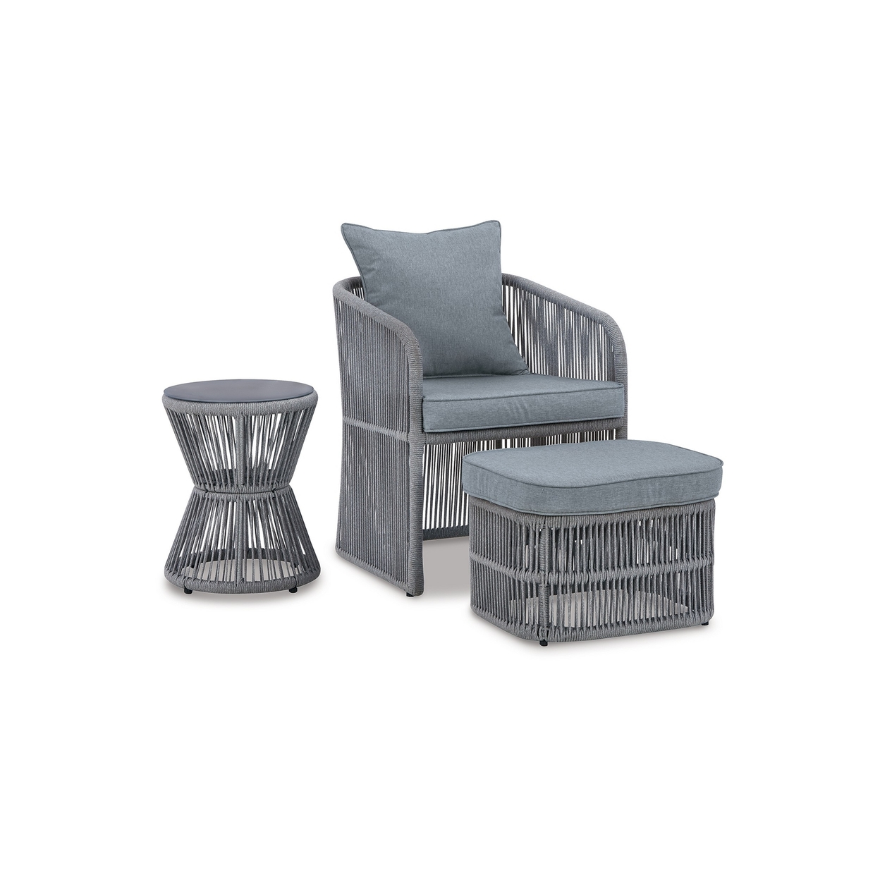 3 Piece Outdoor Chair, Ottoman, Side Table Set, Rope, Steel Frame, Gray - Saltoro Sherpi