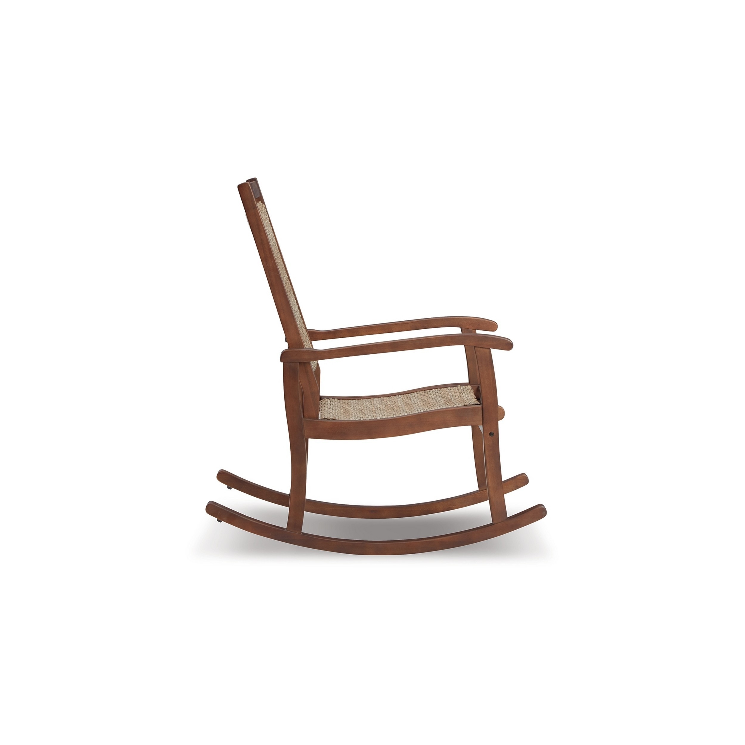Emin 38 Inch Rocking Chair, Outdoor Resin Wicker Seat, Brown Wood Frame - Saltoro Sherpi