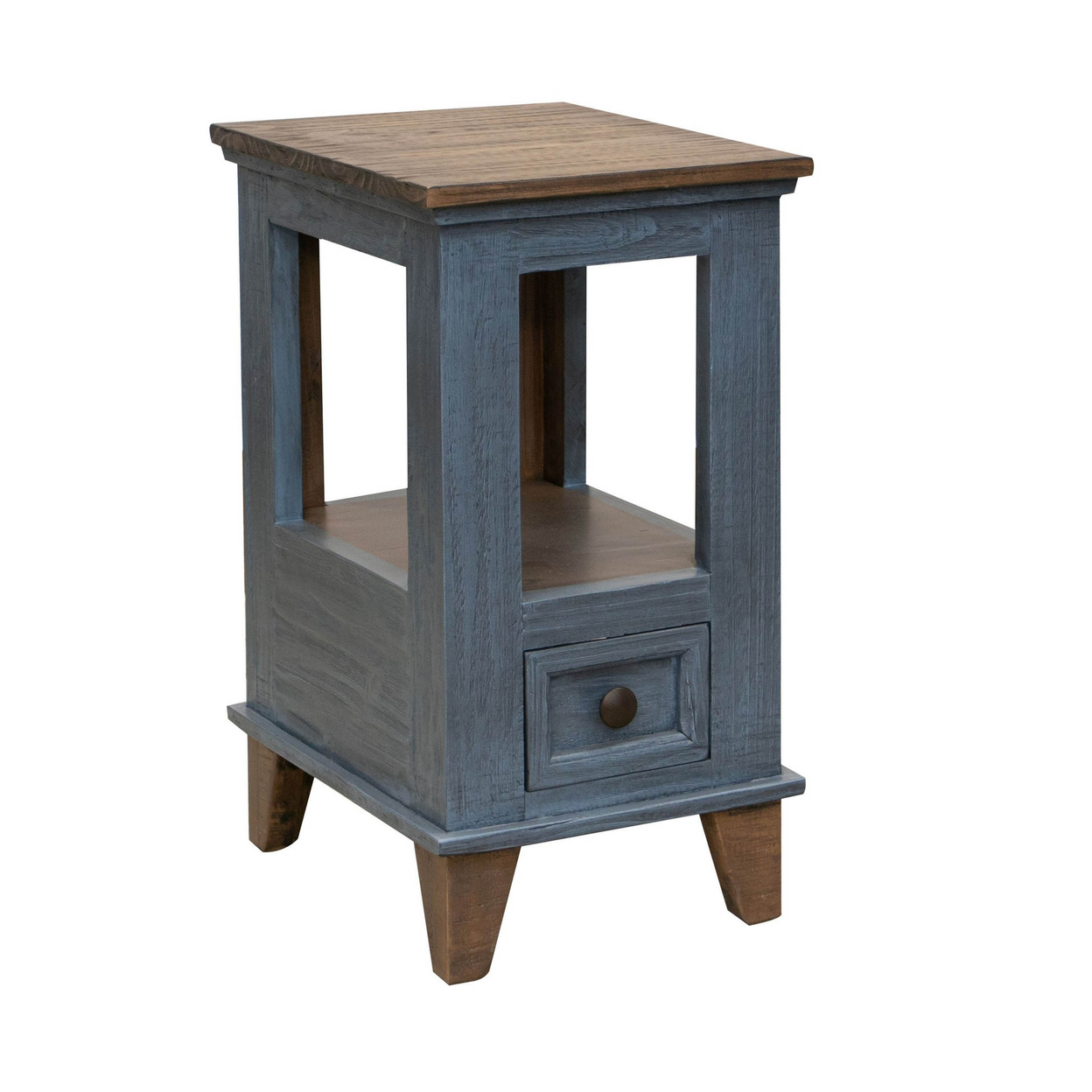 Rozy 26 Inch Chairside Table, Pine Wood, 1 Drawer, Open Shelf, Brown, Blue - Saltoro Sherpi