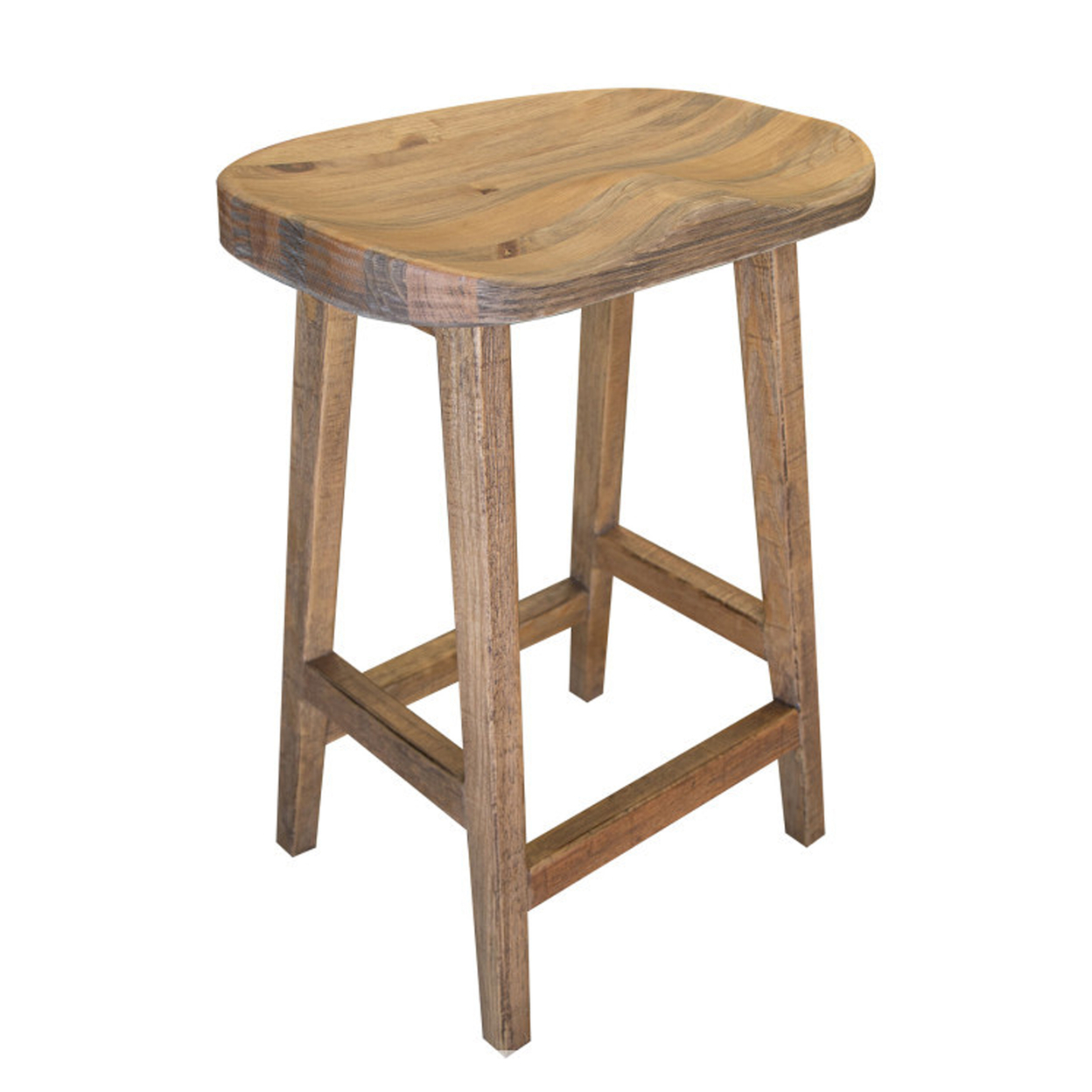 Asic 24 Inch Counter Height Stool, Pine Wood, Curved Seat, Natural Brown - Saltoro Sherpi