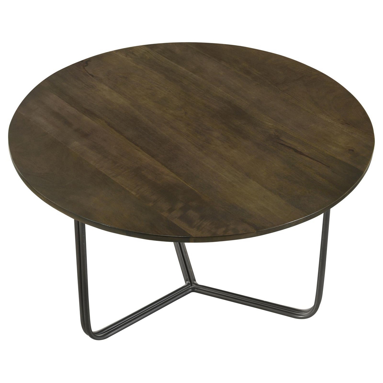 30 Inch Wood Round Accent Coffee Table With Triangular Base, Brown, Black- Saltoro Sherpi