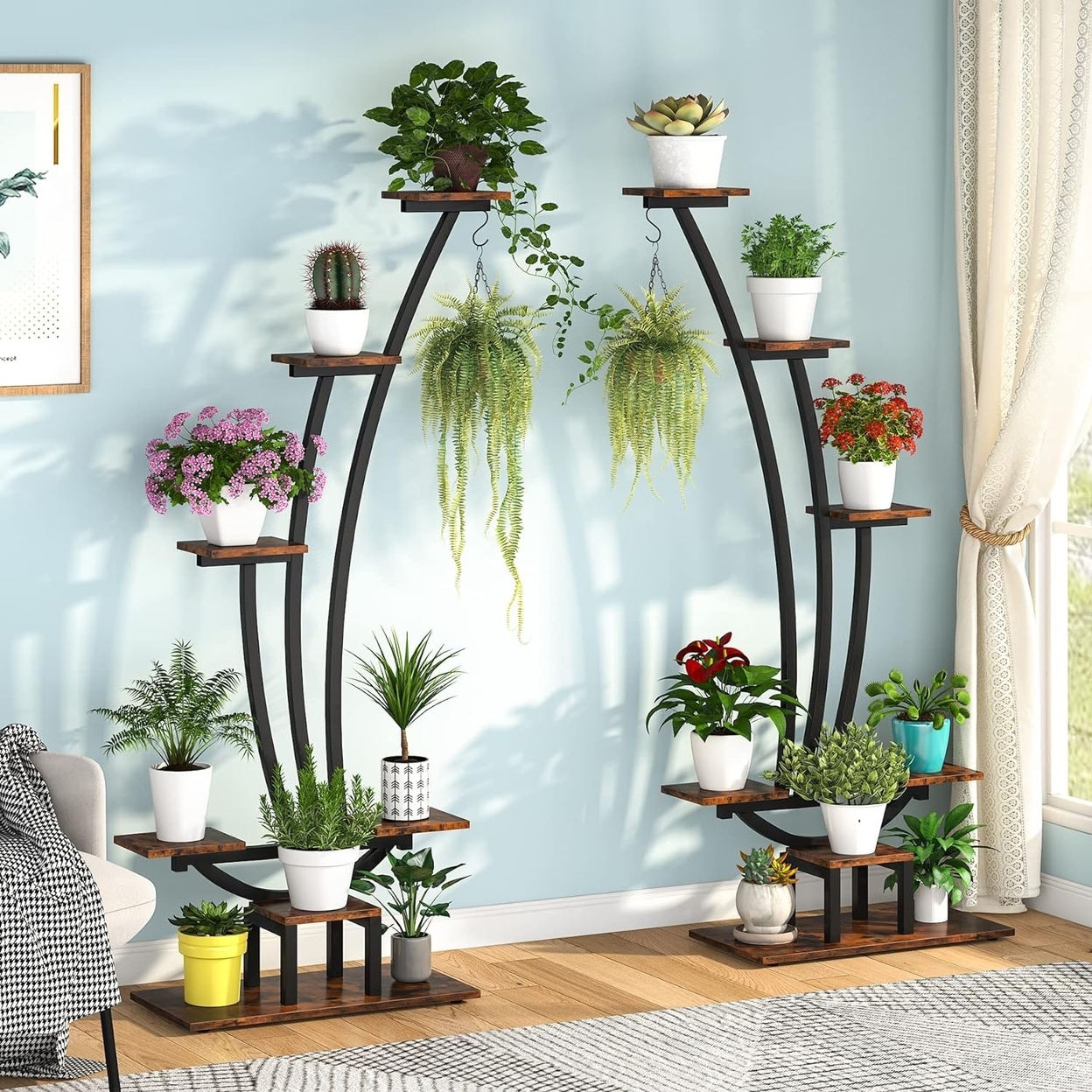 Tribesigns 6 Tier Metal Plant Stand Pack Of 2, Multi-Purpose Curved Plant Display Shelf With 2 Hanging Hooks - Rustic Brown & Black