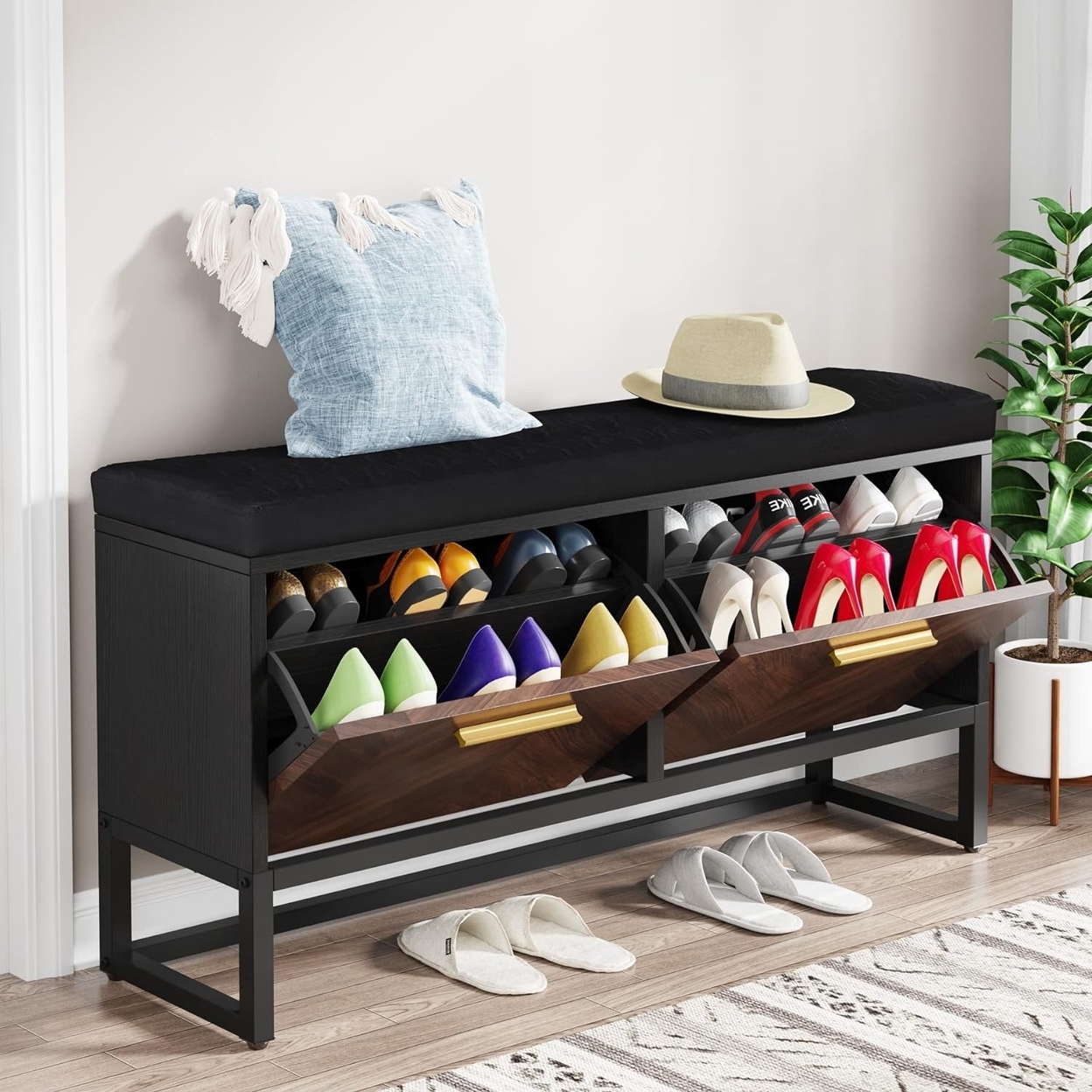 Tribesigns Shoe Storage Bench With Seat Cushion, Entryway Shoe Bench With 2 Flip Drawers, Hallway Bench With Shoe Storage Cabinet - Black &