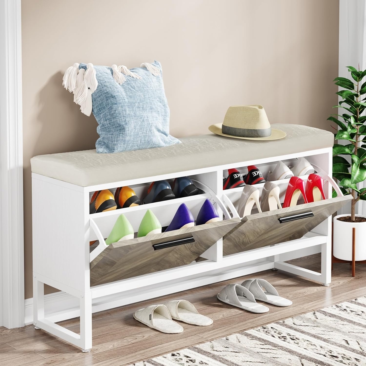 Tribesigns Shoe Storage Bench With Seat Cushion, Entryway Shoe Bench With 2 Flip Drawers, Hallway Bench With Shoe Storage Cabinet - White &