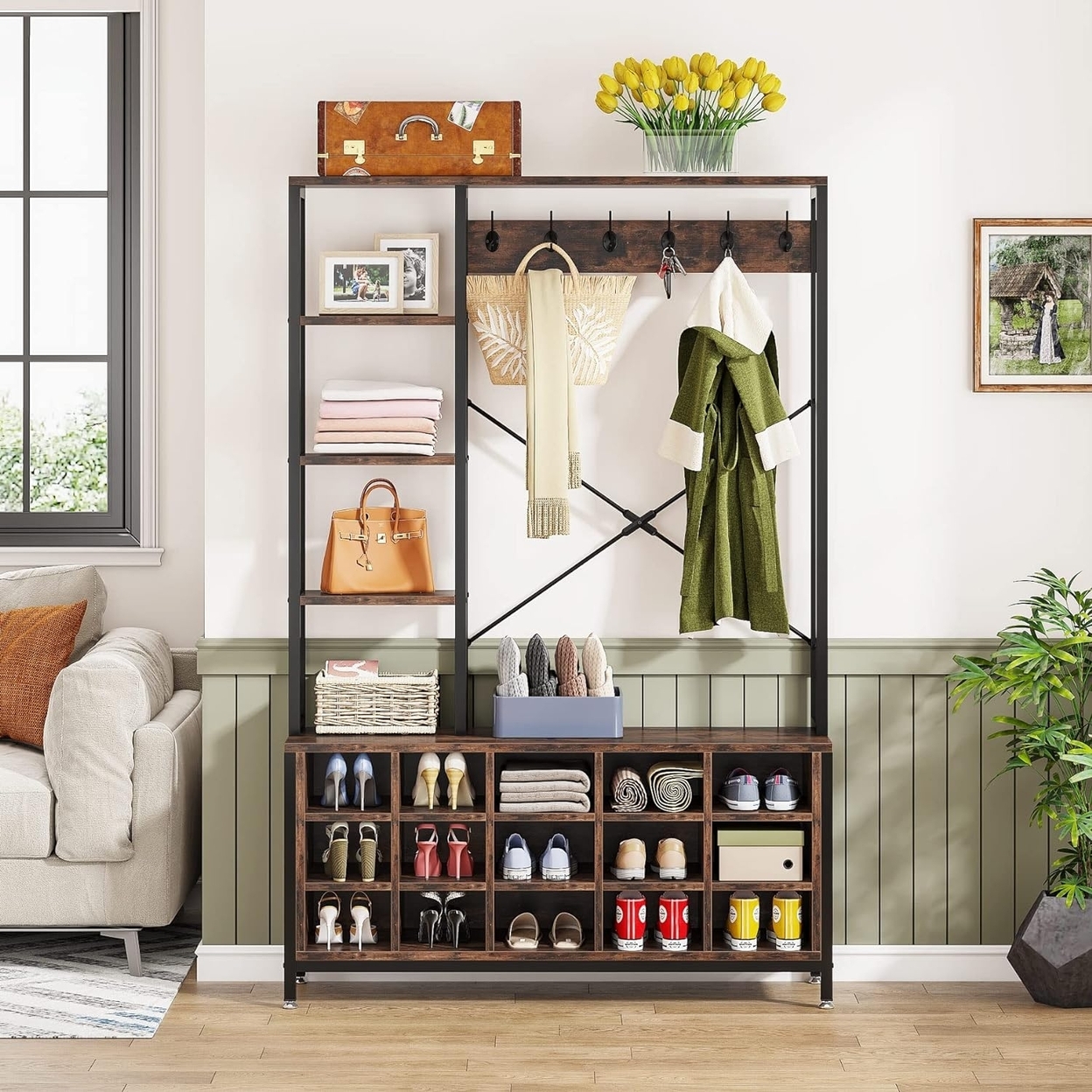 Tribesigns Entryway Hall Tree With Bench And Shoe Storage Shelves, Industrial Mudroom Bench With Shoe Storage And Coat Rack Hooks