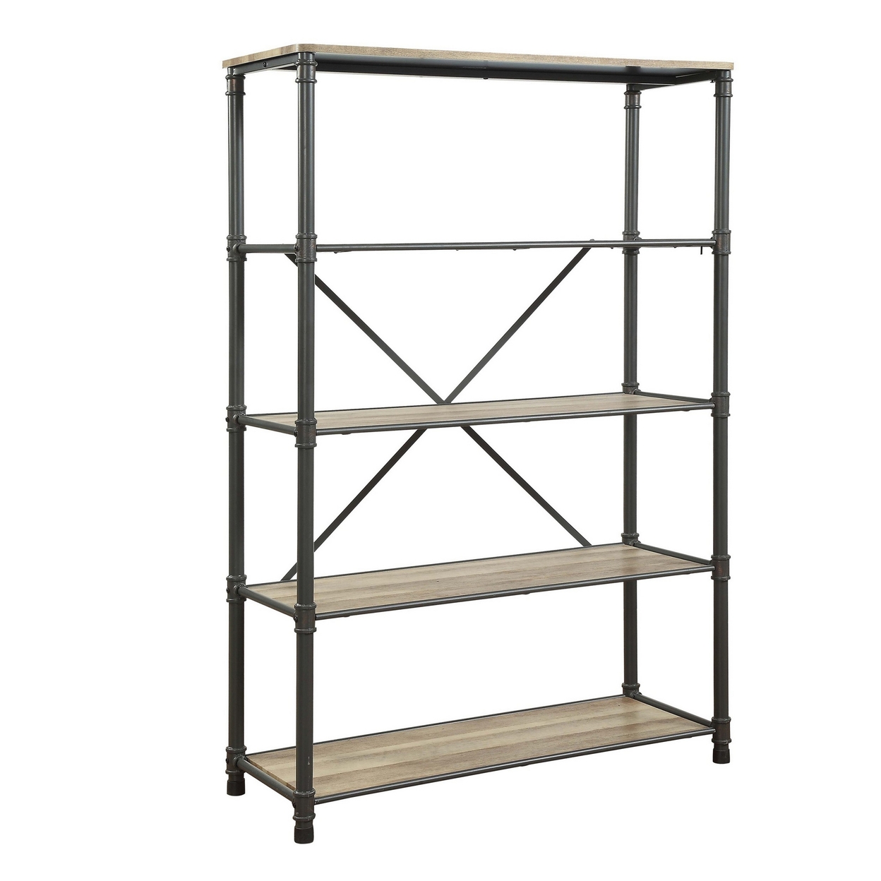 Pipe Inspired Steel Frame Bookshelf With Five Fixed Shelves, Oak Brown And Sandy Gray- Saltoro Sherpi